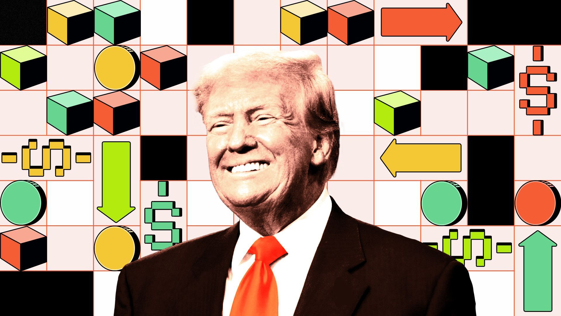 Photo illustration of former president Donald Trump on a grid of cubes, arrows, dollar signs, and coins