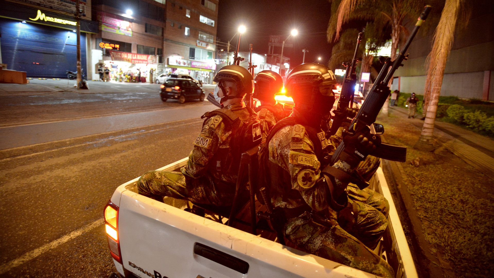 Soldiers on patrol in Cali after being deployed by President Duque