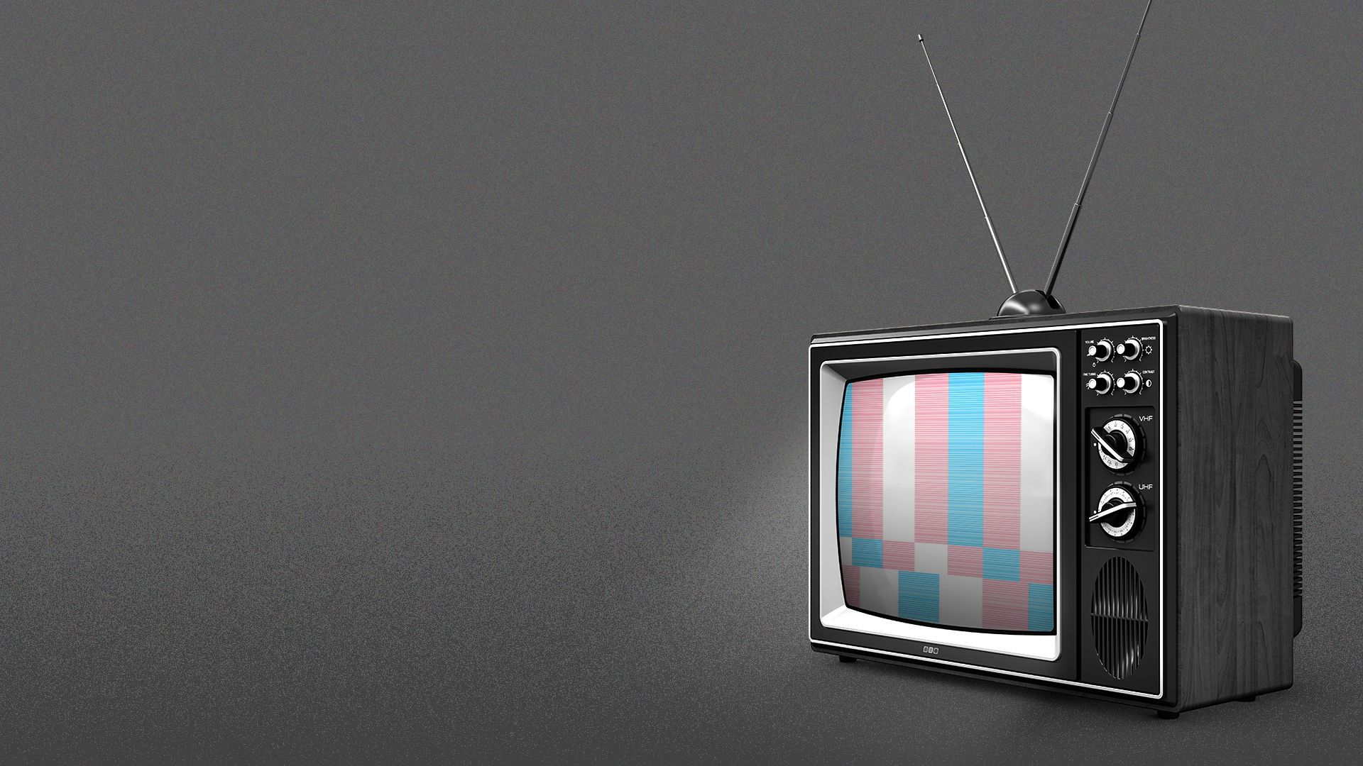 Illustration of an old TV with the trans flag as a TV test pattern.  