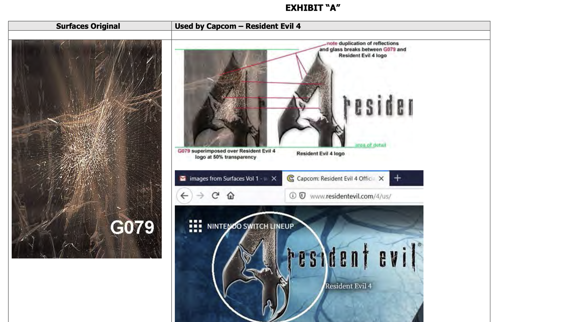Screenshot of a legal exhibit that shows similarities between a photograph of shattered glass and the logo for Resident Evil 4