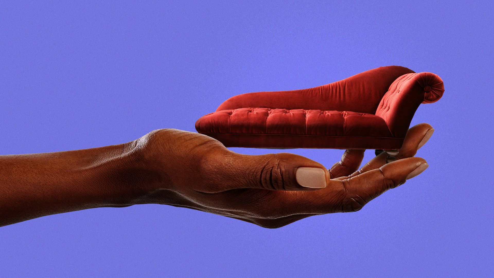 Illustration of a Black woman's hand holding a therapy sofa.