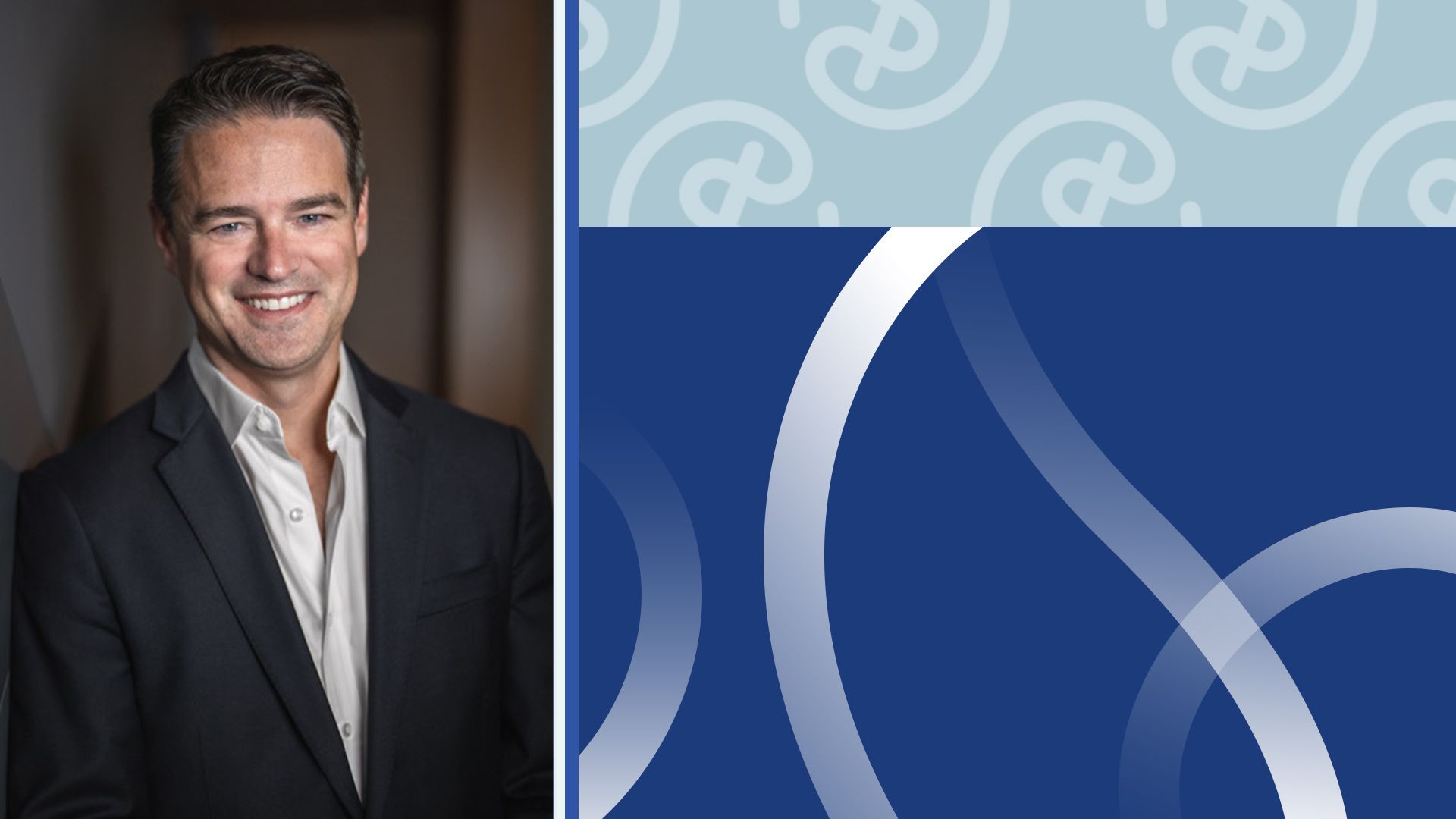 Photo illustration of Patrick O'Connell surrounded by abstract lines and the OnePay logo. 