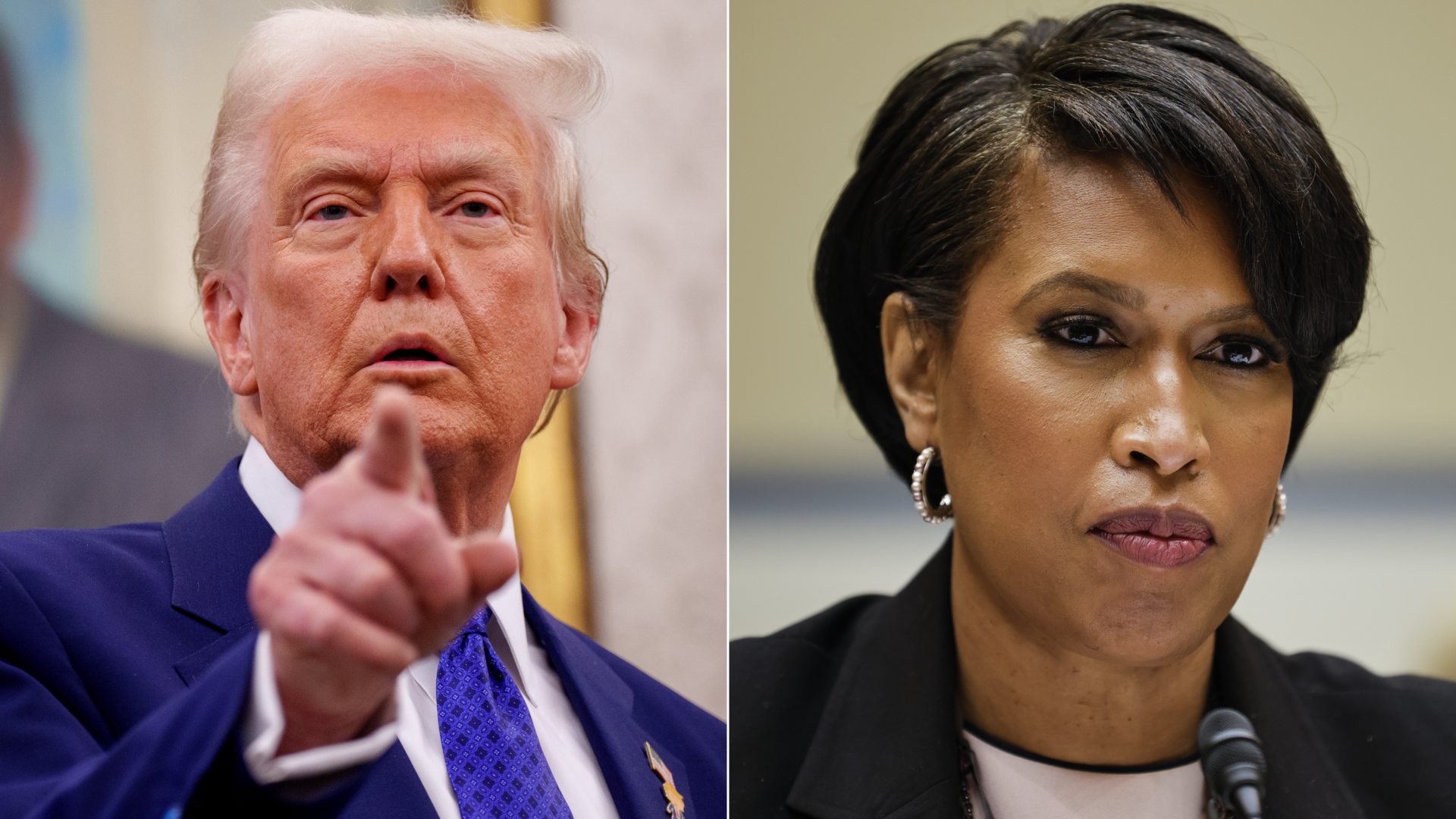 A side-by-side photo stitch of Donald Trump and Muriel Bowser