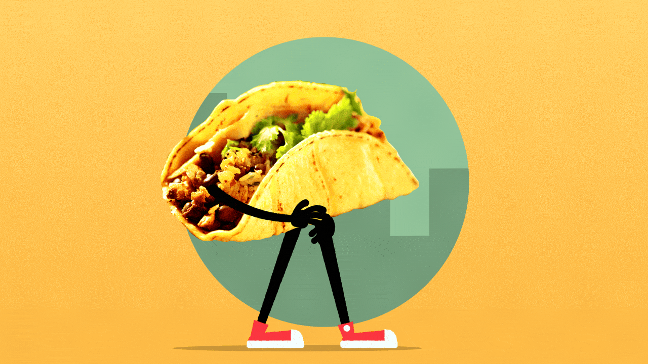 Animated illustration of a taco with arms and legs walking past buildings. 