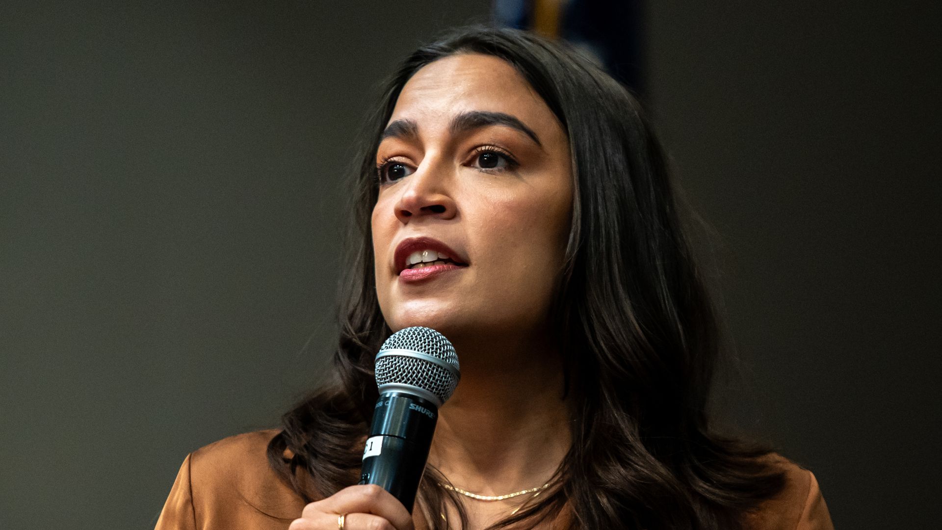 Rep. Alexandria Ocasio-Cortez, wearing a brown dress and holding a microphone, standing in front of a gray wall and an American flag.