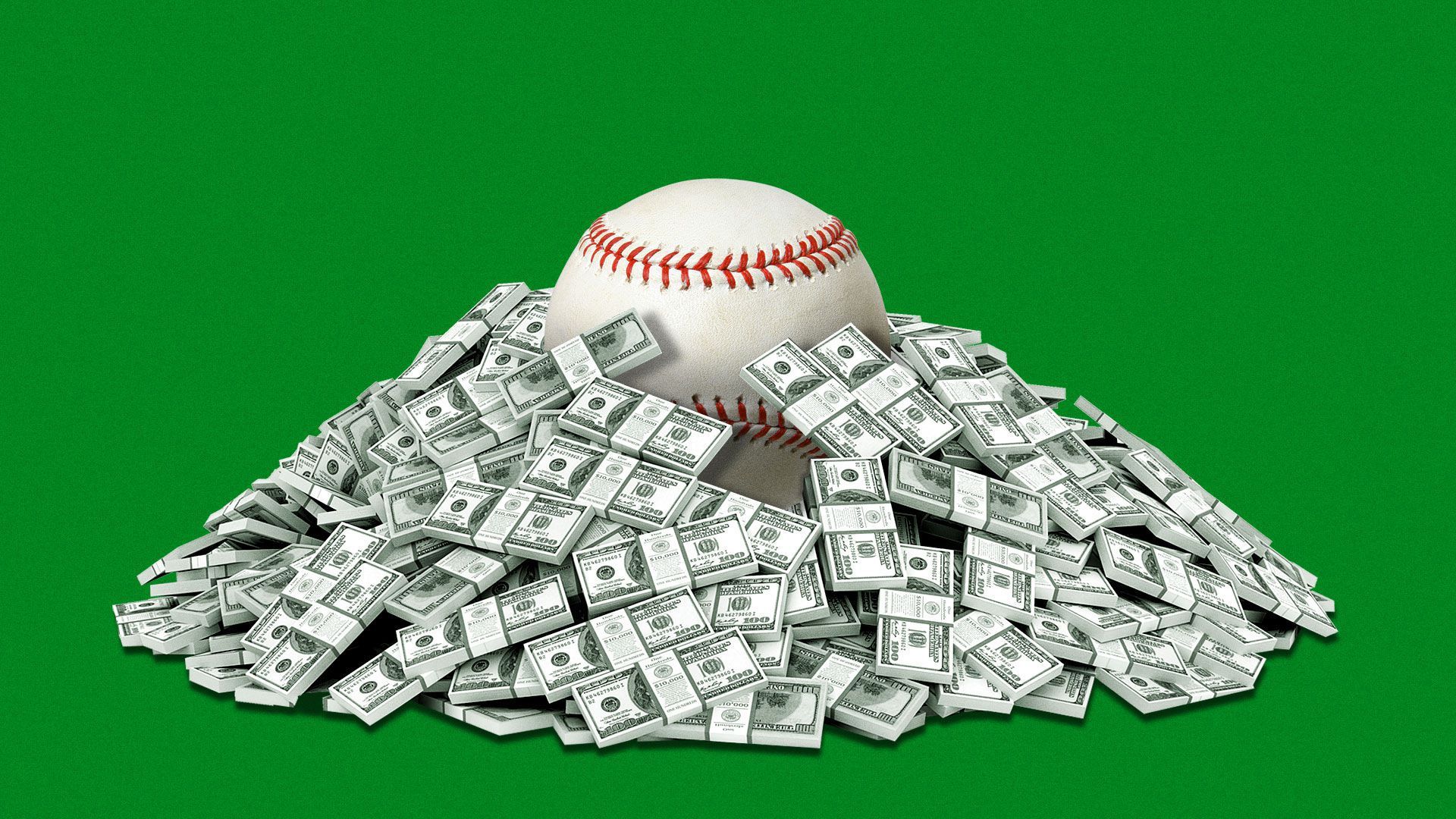 Illustration of a giant baseball surrounded by a pile of money
