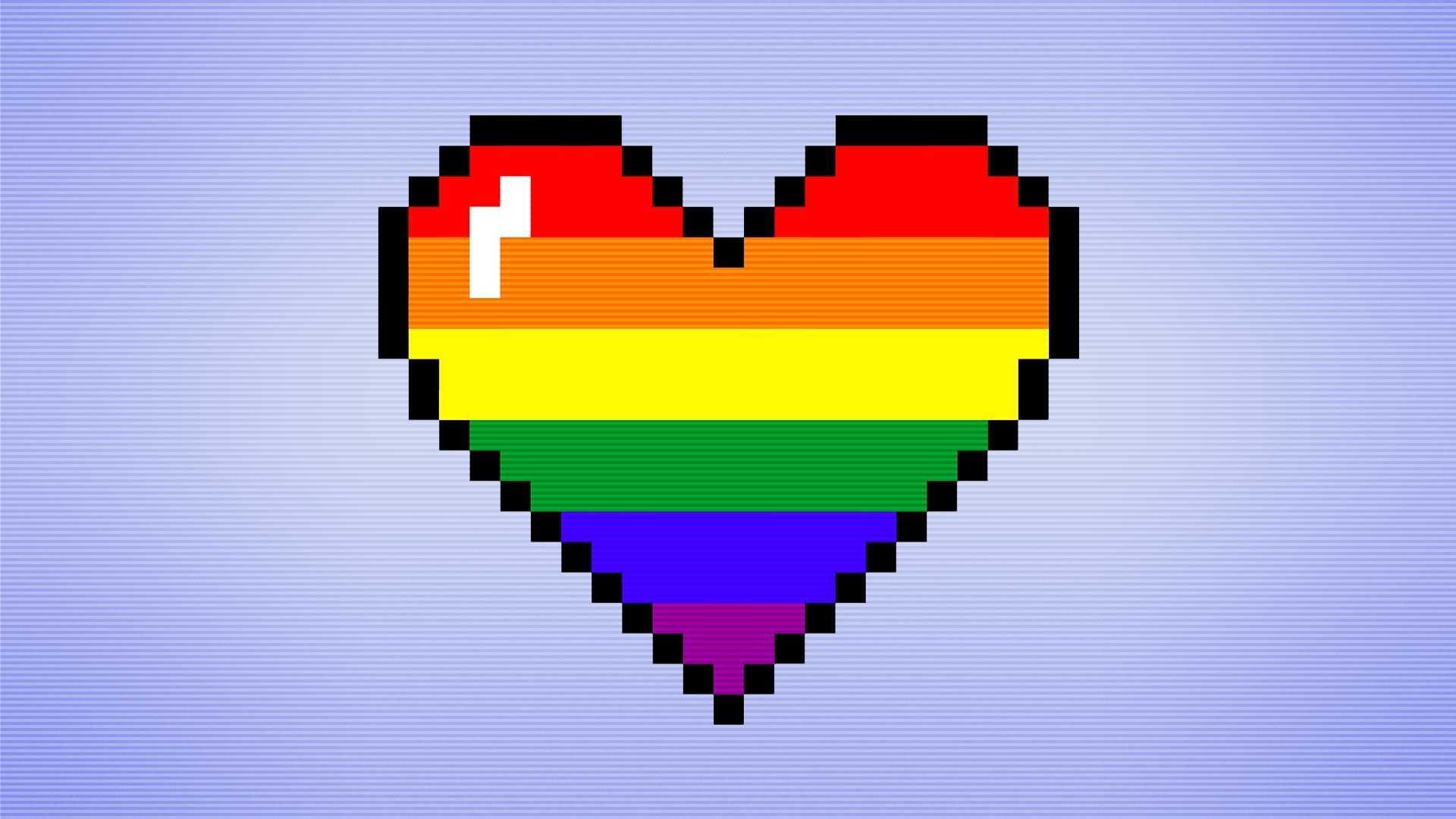 Illustration of a rainbow-striped pixelated heart icon on a computer screen