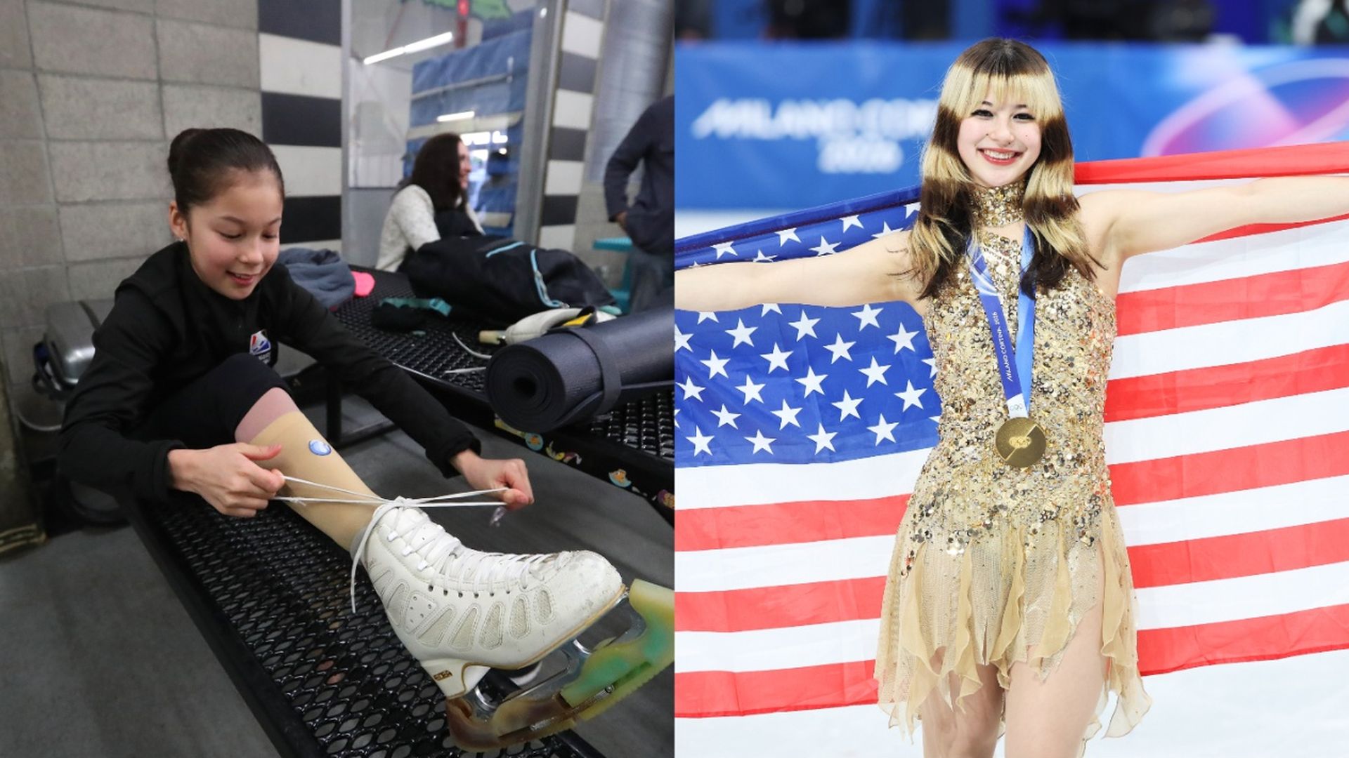 Left image: A young figure skater tying white ice skates while sitting on a bench in a black outfit. Right image: The same skater smiling, wearing a gold dress and gold medal, holding a large U.S. flag.