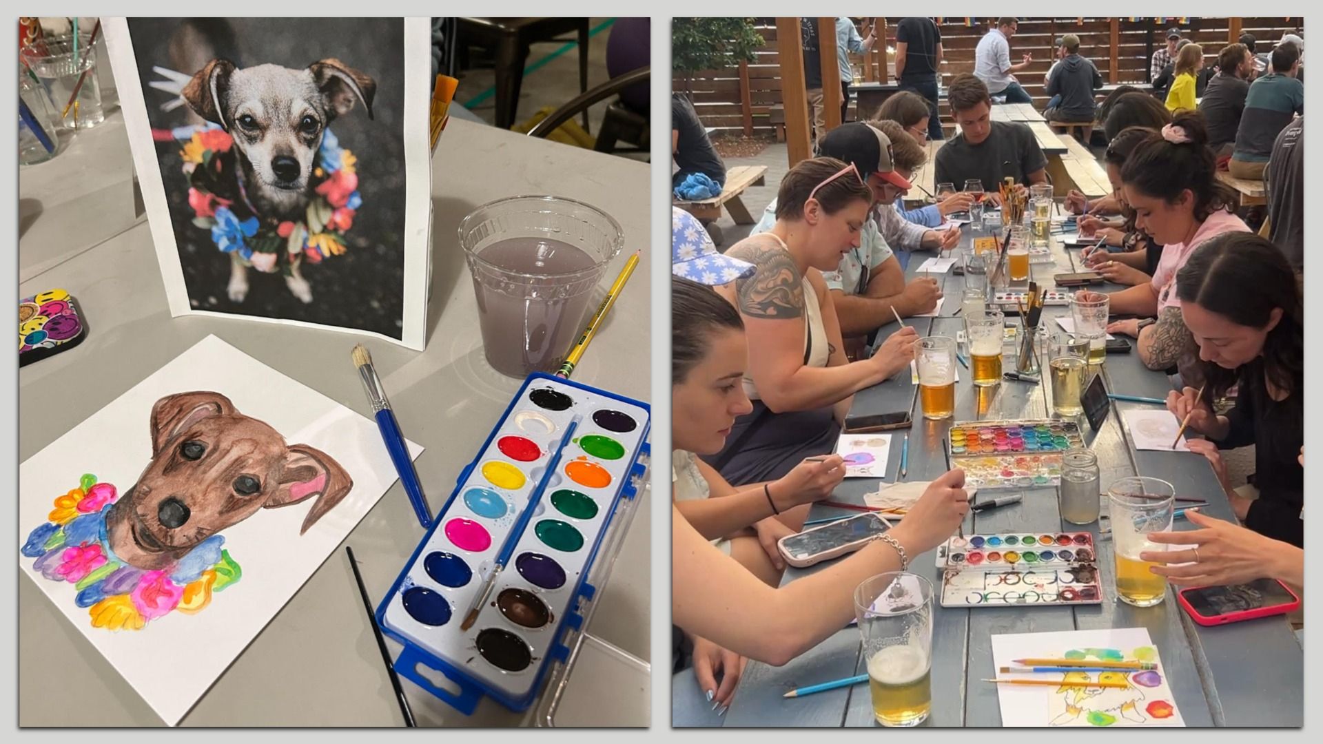 Two images: left shows a table with a watercolor painting of a brown dog wearing a colorful flower necklace next to the reference photo and paint set; right shows a group of people painting at a communal outdoor table with drinks.