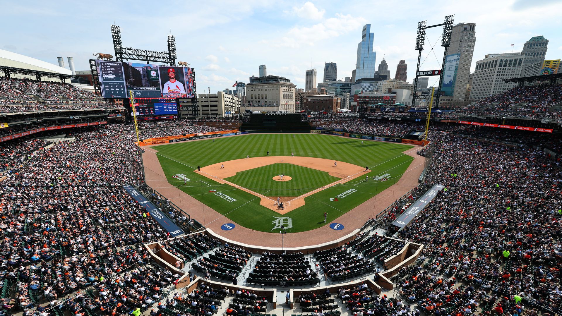 A general overhead view of Comerica Park in April.