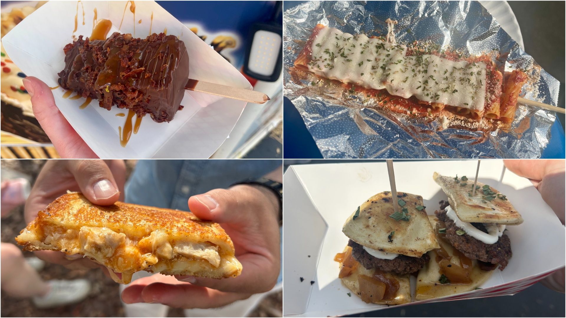Four images stitched together. From the top left, going clockwise: A slice of cake covered in chocolate bacon bits all over it; pasta noodles on a stick with a slice of white cheese melted over the top; a sandwich oozing with cheese.; two mini burgers with white sauce and pierogis as buns.