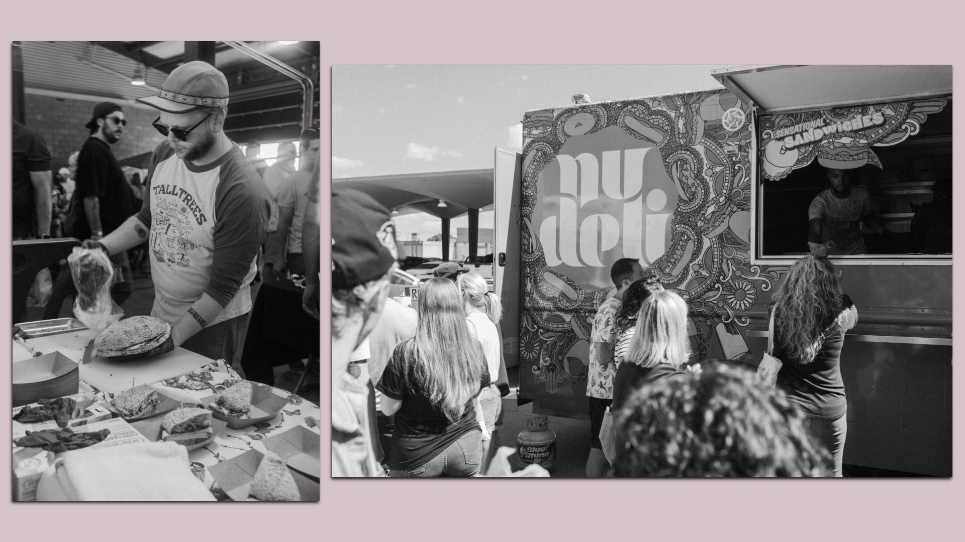Two black-and-white photos at a street food event: left shows a bearded man in a cap and sunglasses assembling sandwiches; right shows a paisley-decorated food truck with a line of people waiting.