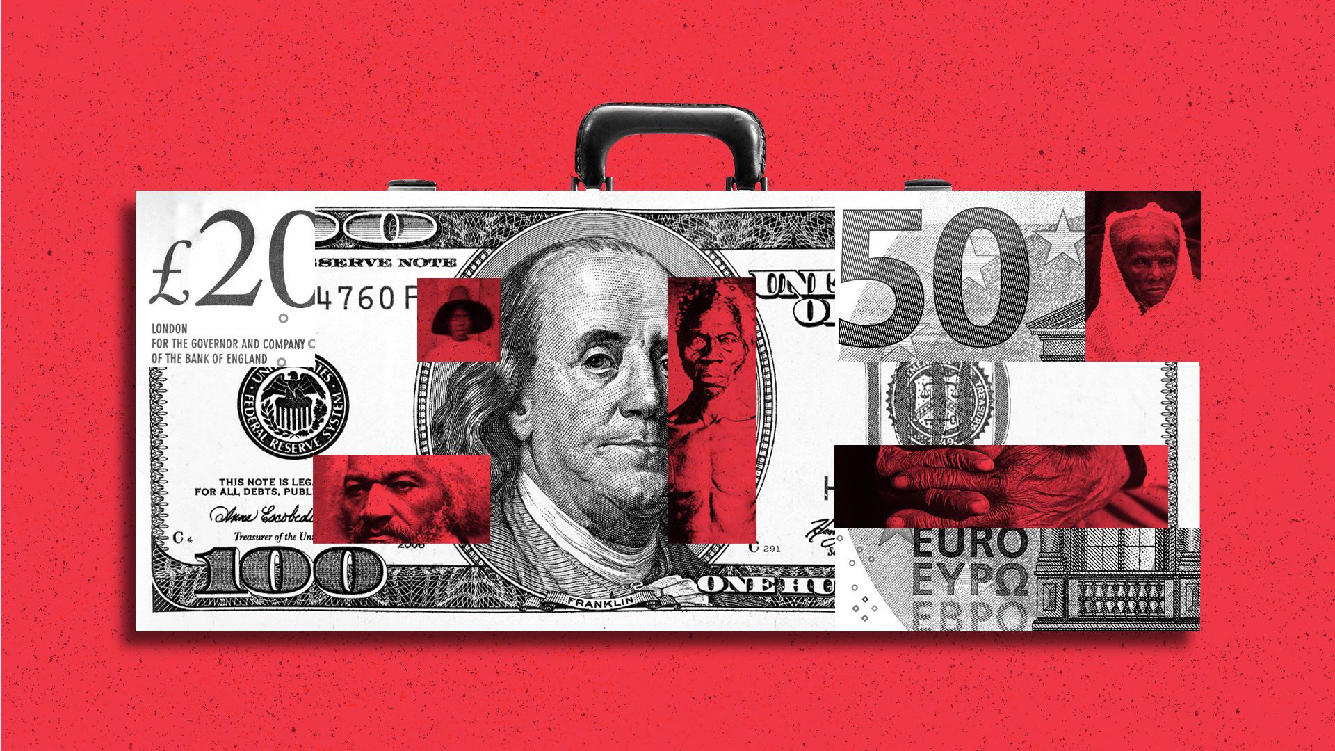 Photo illustration of a briefcase, a hundred dollar bill, a fifty euro note, a twenty pound sterling note, and various archival photography. 