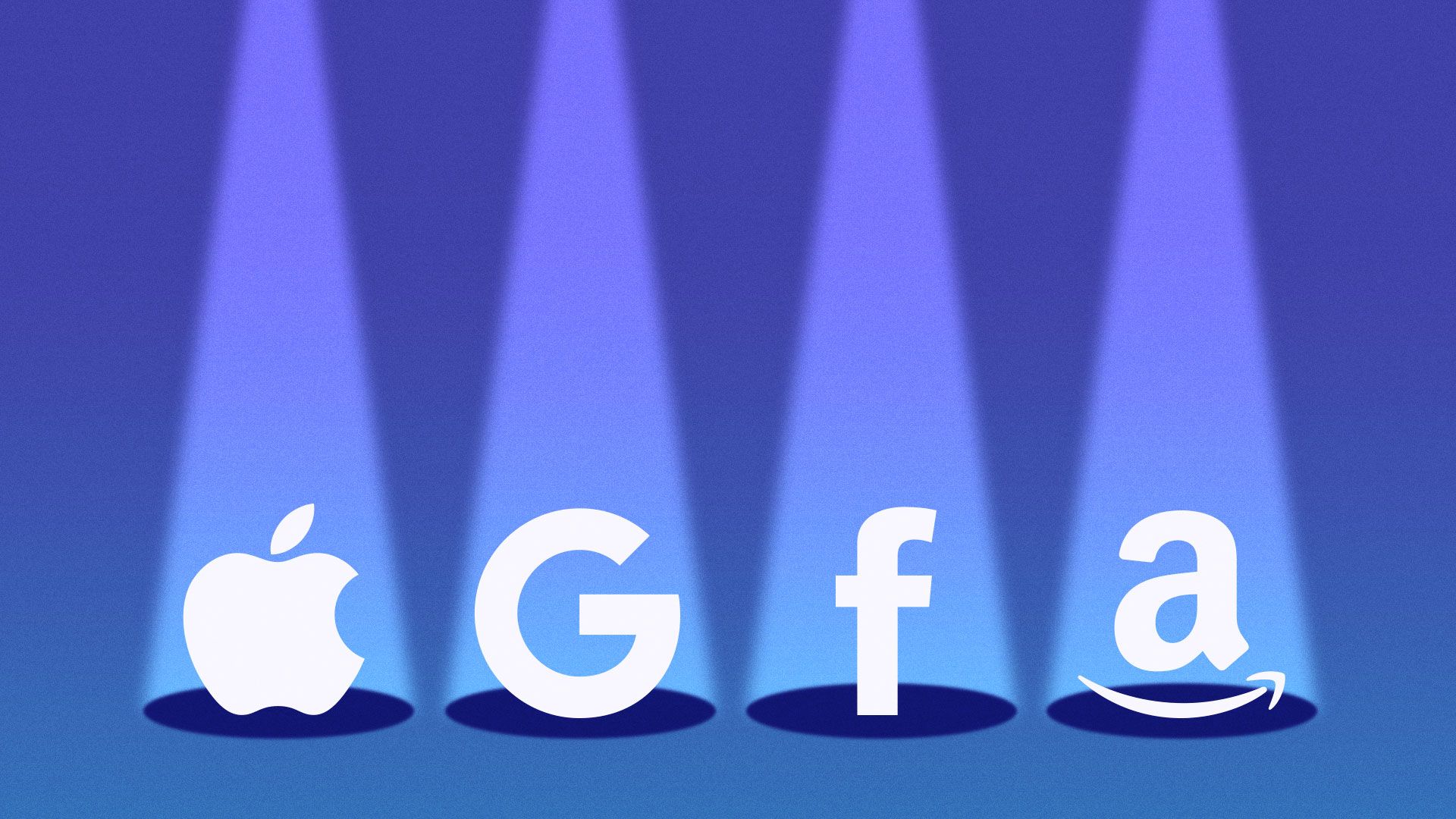 Illustration of Apple, Google, Facebook, and Amazon logos under spotlights