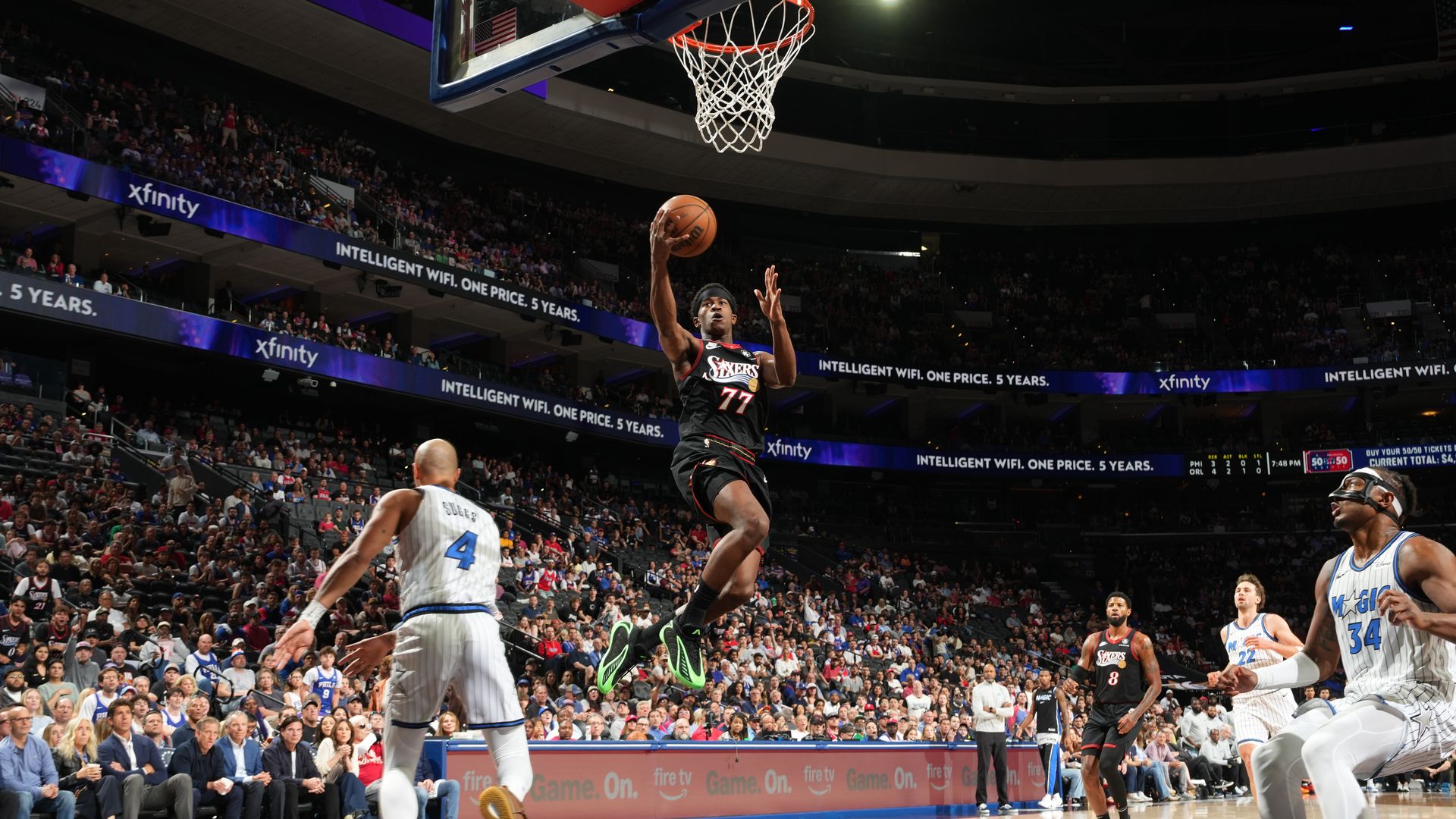 The Sixers' VJ Edgecombe soars to the basket during Tuesday's Play-in Tournament against Orlando.