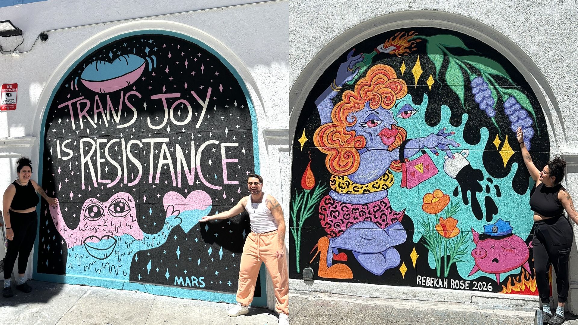 Two arched murals with people posing. Left: black starry panel reads "TRANS JOY IS RESISTANCE" and "MARS". Right: vibrant fantasy scene with a purple-blue figure, grapes, and "REBEKAH ROSE 2026".