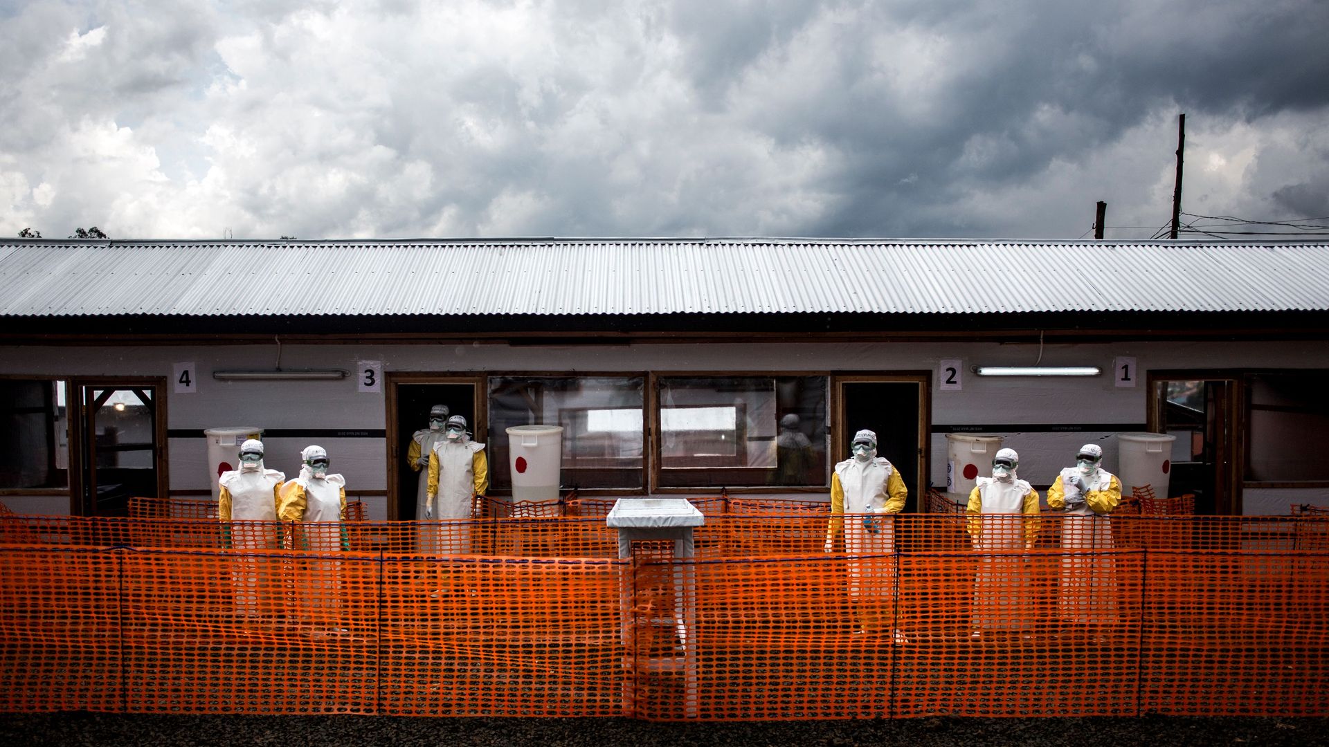 Health workers are seen inside the red zone at a newly build MSF (Doctors Without Borders) supported ebola treatment centre in November in Bunia, DRC.