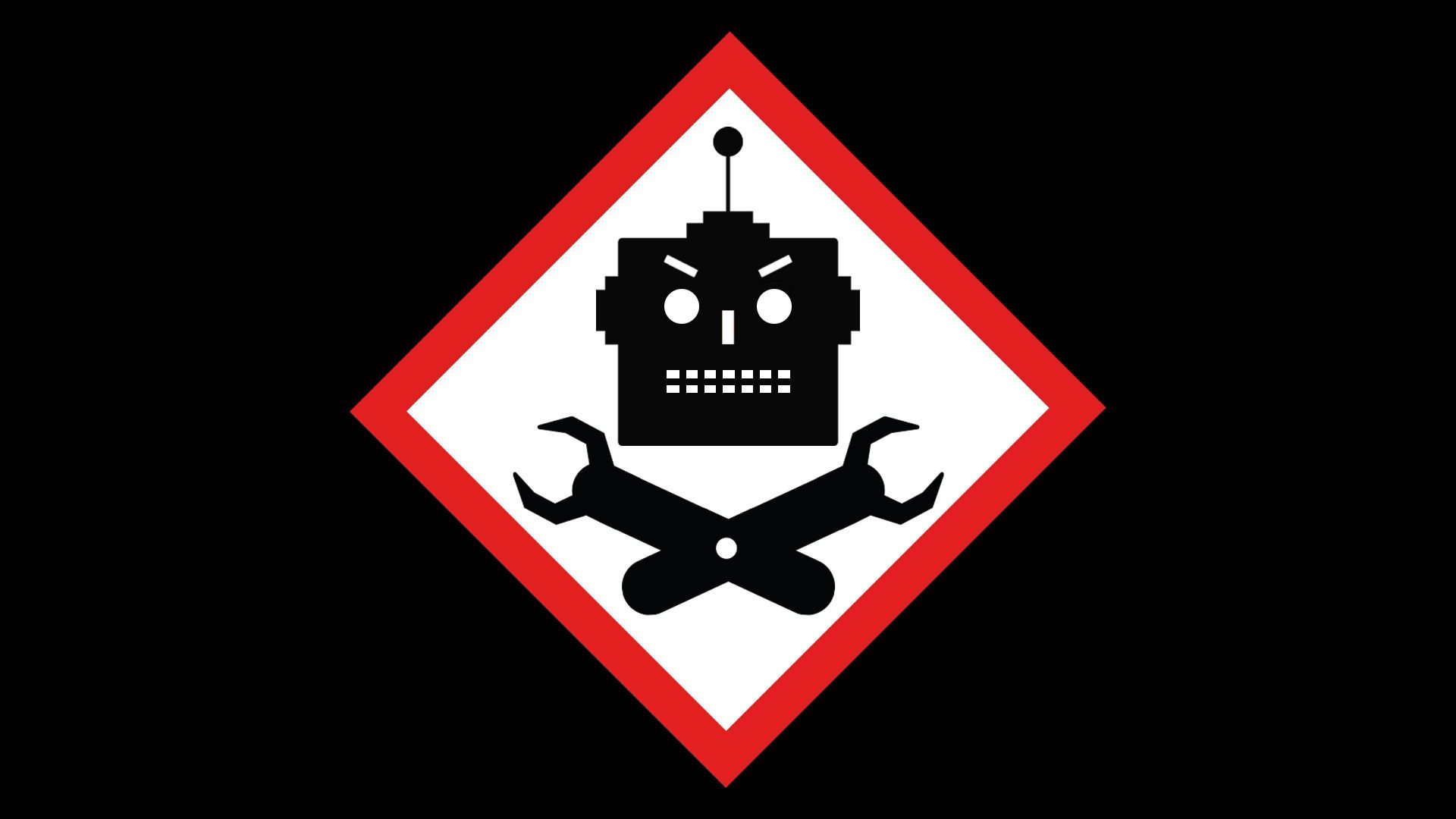 Illustration of a warning sign with a skull and crossbones style robot head and arms