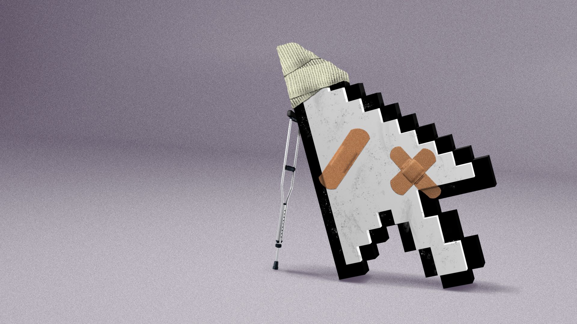 Illustration of a dirty, digital arrow cursor that is leaning on a crutch, wearing a bandage on its point and two adhesive bandages on its front.
