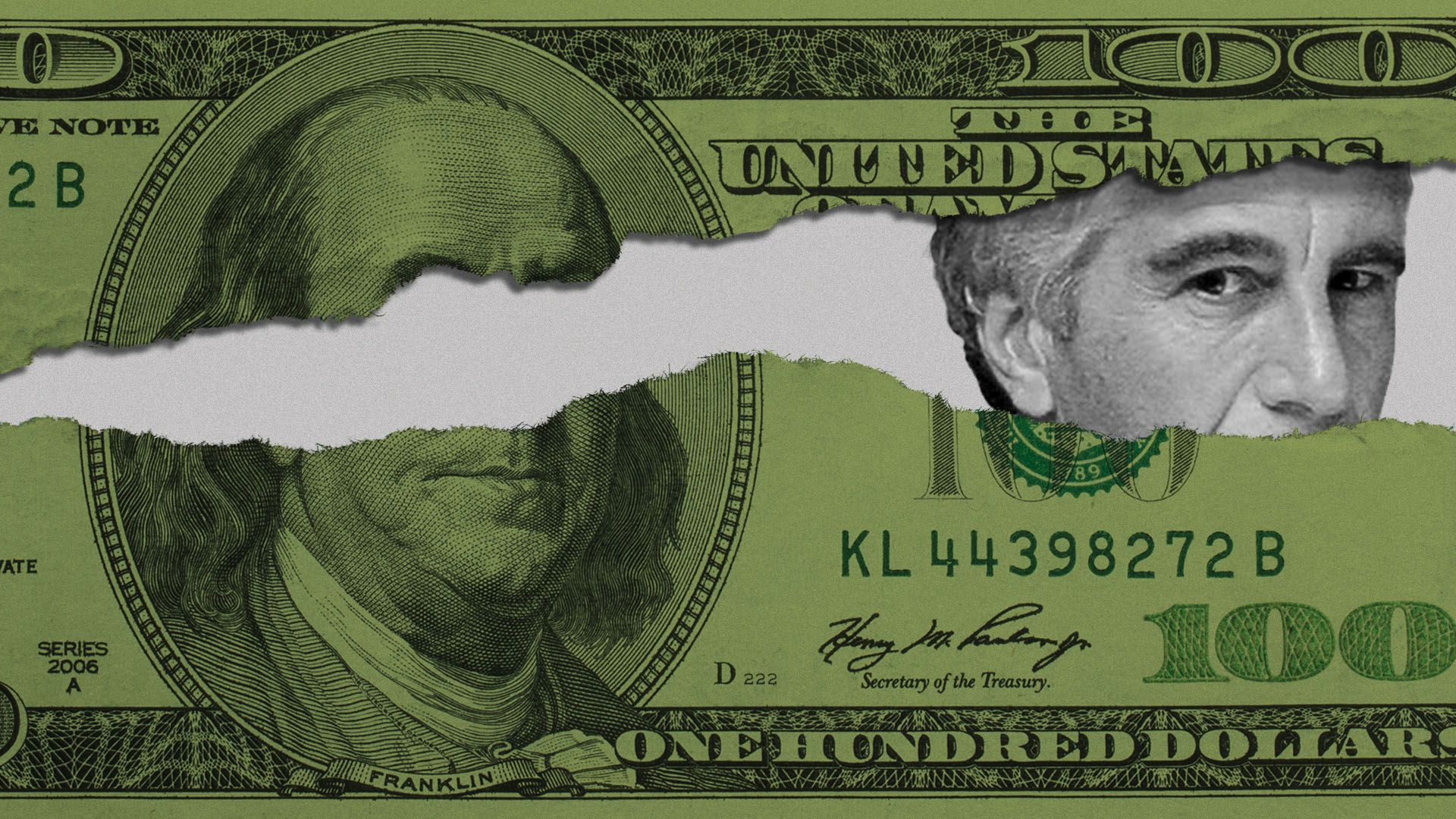 Illustration of a torn $100 bill with Jeffrey Epstein peaking through the tear.