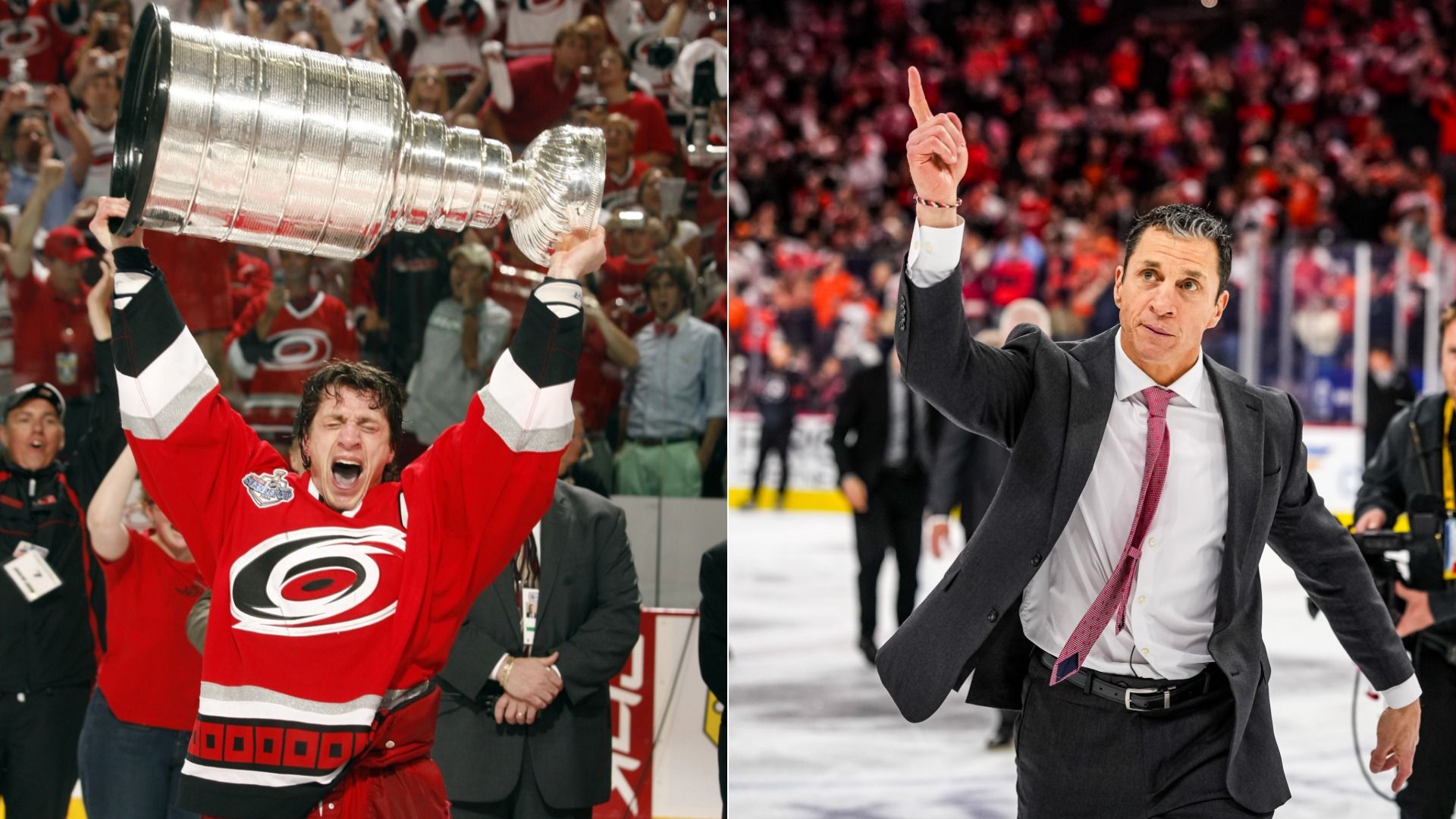Two-panel photo: Rod Brind'Amour wears a Carolina Hurricanes jersey and hoists the Stanley Cup as a player in 2006, and walks on the ice in a suit 20 years later as coach in 2026.