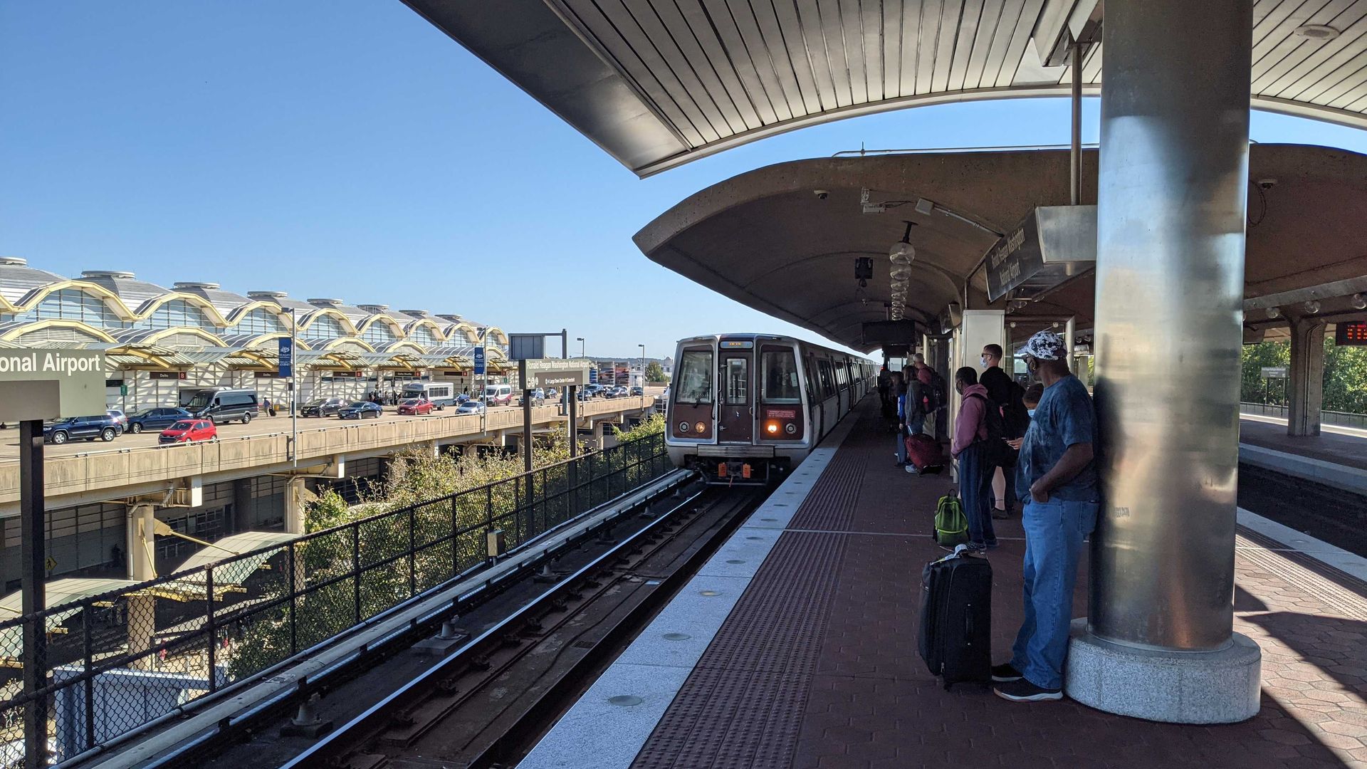 A Metro train pulling into the National Airport station.