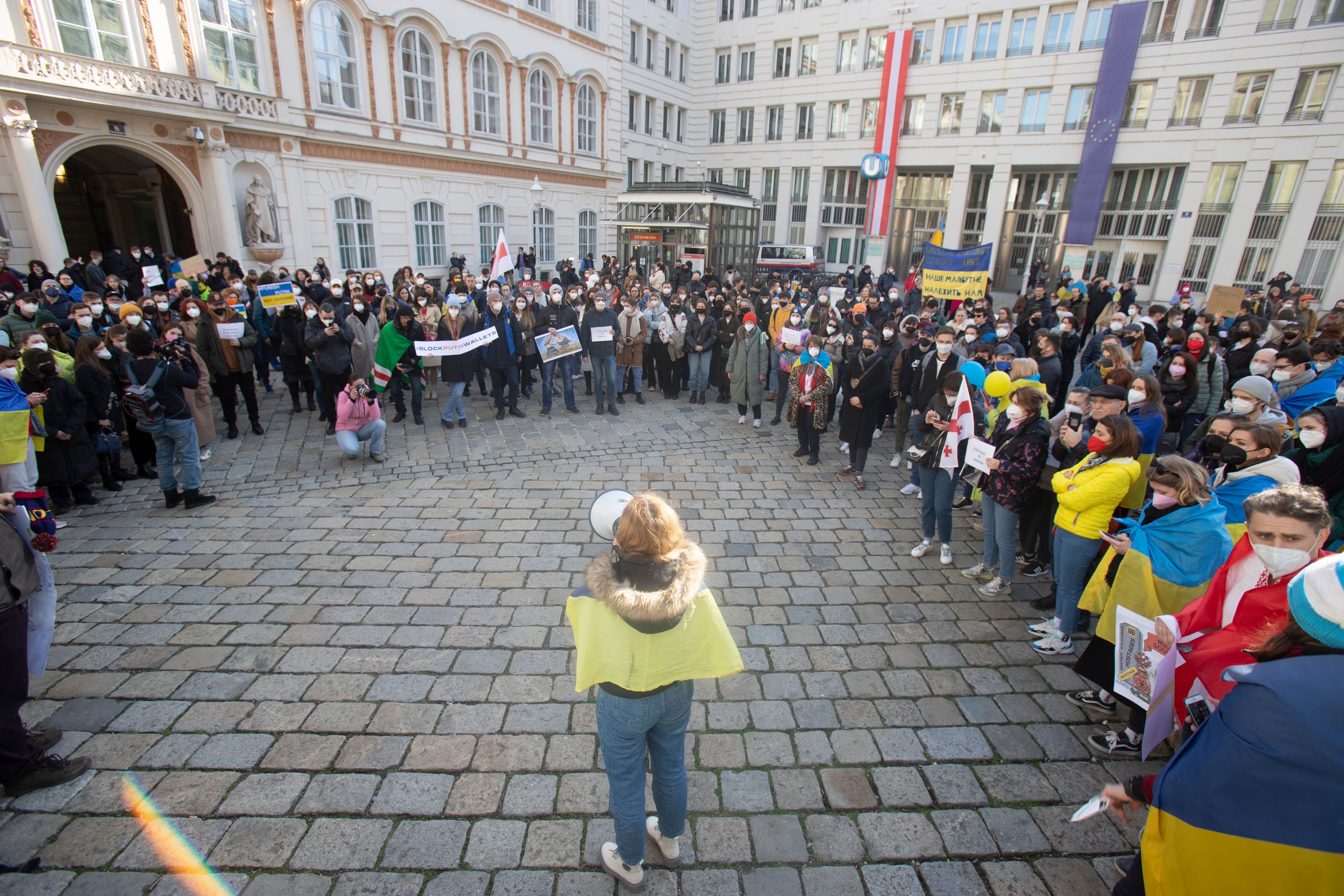 Demonstrators rallying in front of the Austrian Ministry of Foreign Affairs in Vienna during protest against Russia's invasion of Ukraine on Feb. 24.