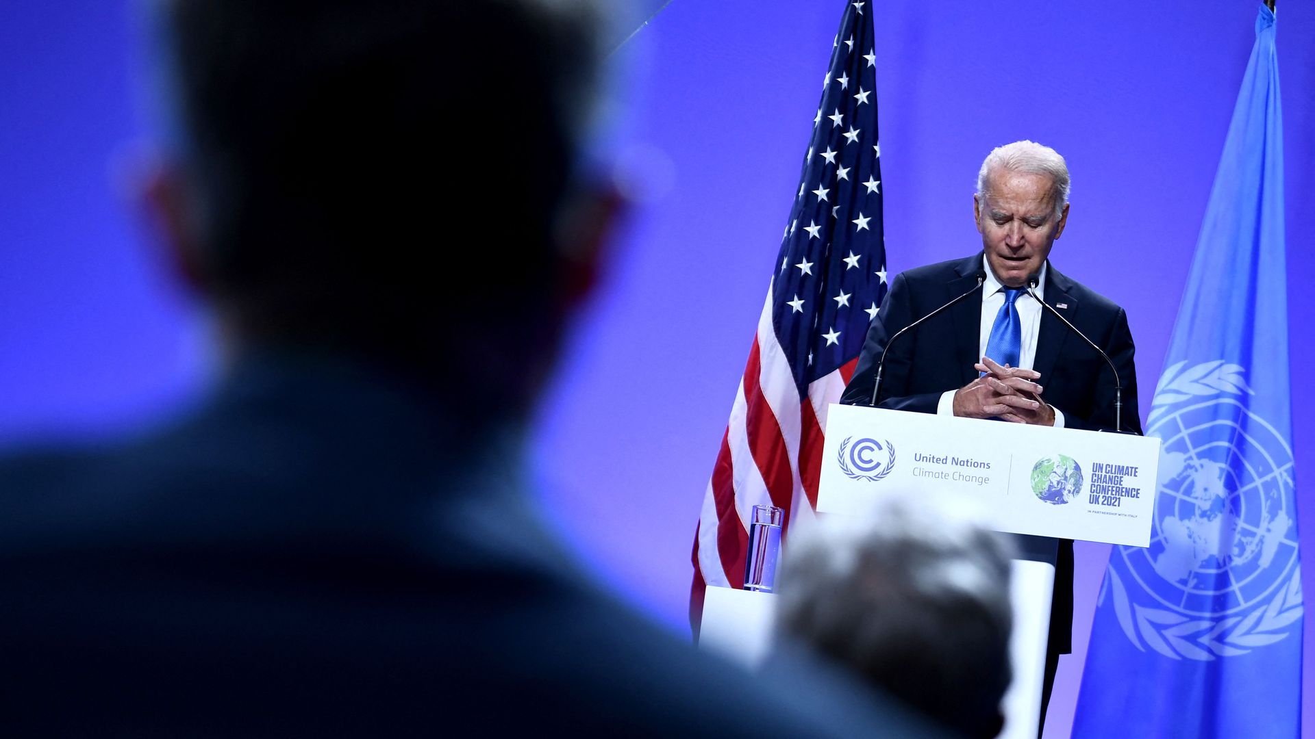 President Biden is seen speaking during a news conference on Tuesday.