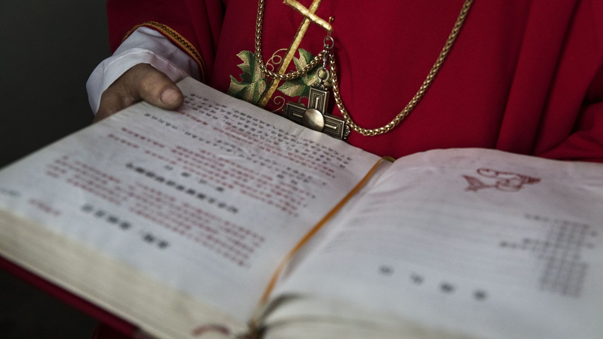 A Chinese Catholic deacon holds a bible at the Palm Sunday Mass during the Easter Holy Week at an 'underground' or 'unofficial' church