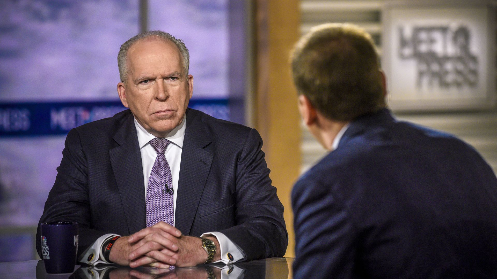 John Brennan, Former CIA Director; NBC News Senior National Security and Intelligence Analyst, and moderator Chuck Todd appear on "Meet the Press" in Washington, D.C., Sunday, April 15, 2018. (Photo by: William B. Plowman/NBC/NBC Newswire/NBCUniversal via Getty Images)