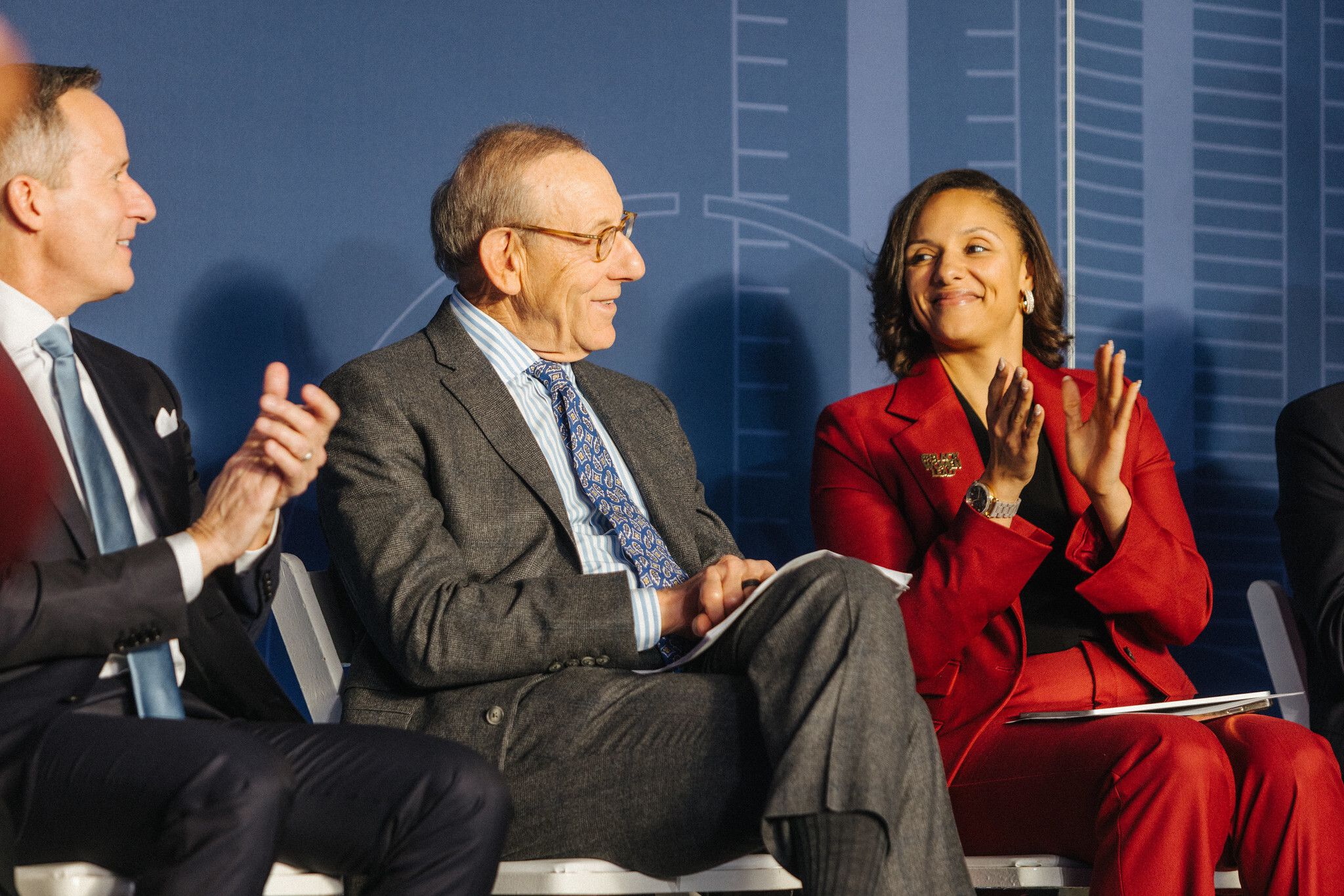 Stephen Ross, chairman and founder of Related Cos. (center) listens at the December groundbreaking for the U of M Center for Innovation in Detroit. He's flanked by Ilitch Holdings CEO Chris Ilitch and City Council President Mary Sheffield.
