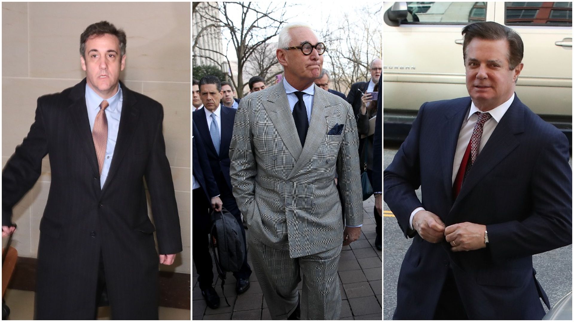 pic stitch of Michael Cohen, Roger Stone and Paul Manafort.