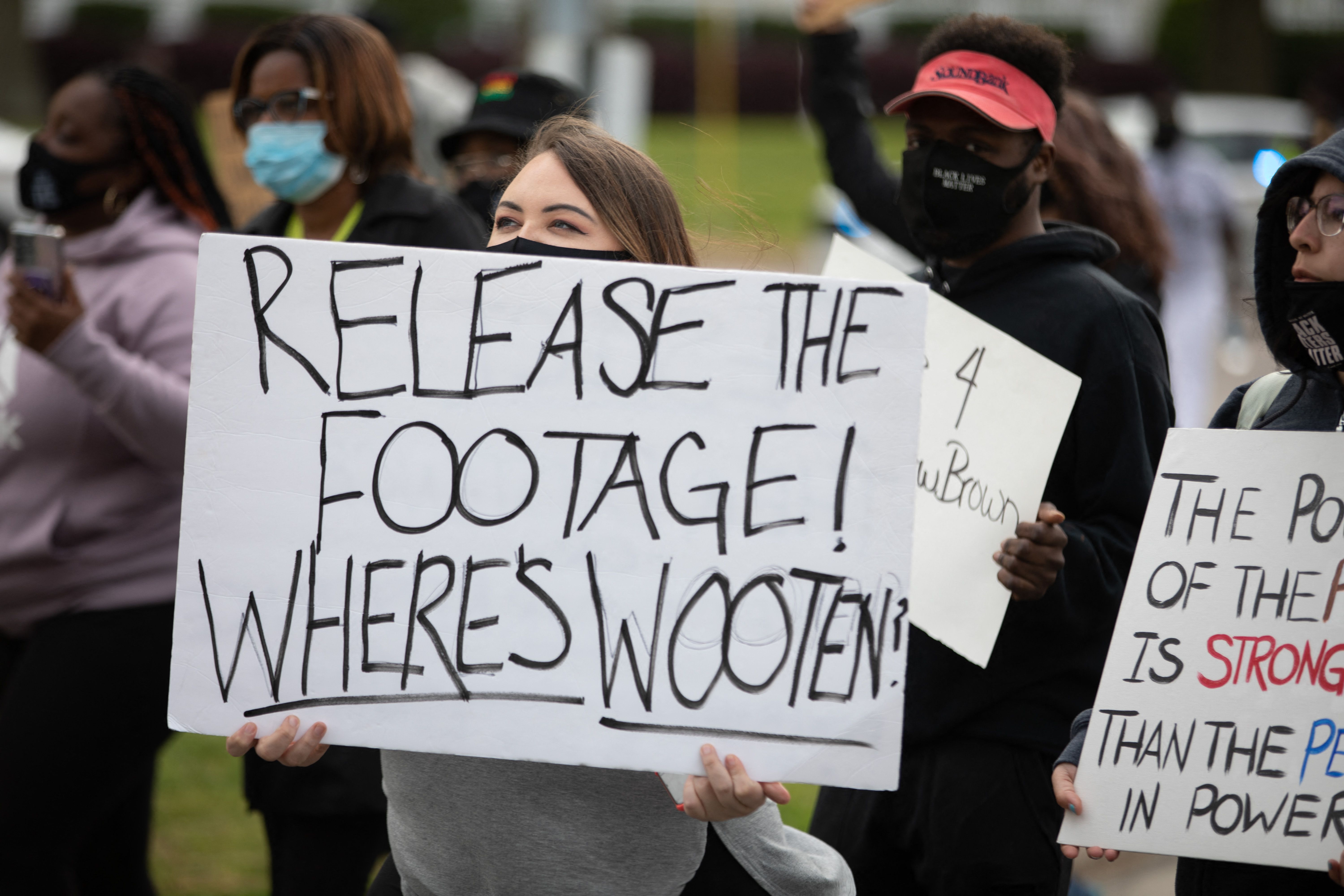 Demonstrators march as they demand the release of body camera footage of the police killing of Andrew Brown Jr. in Elizabeth City, North Carolina 