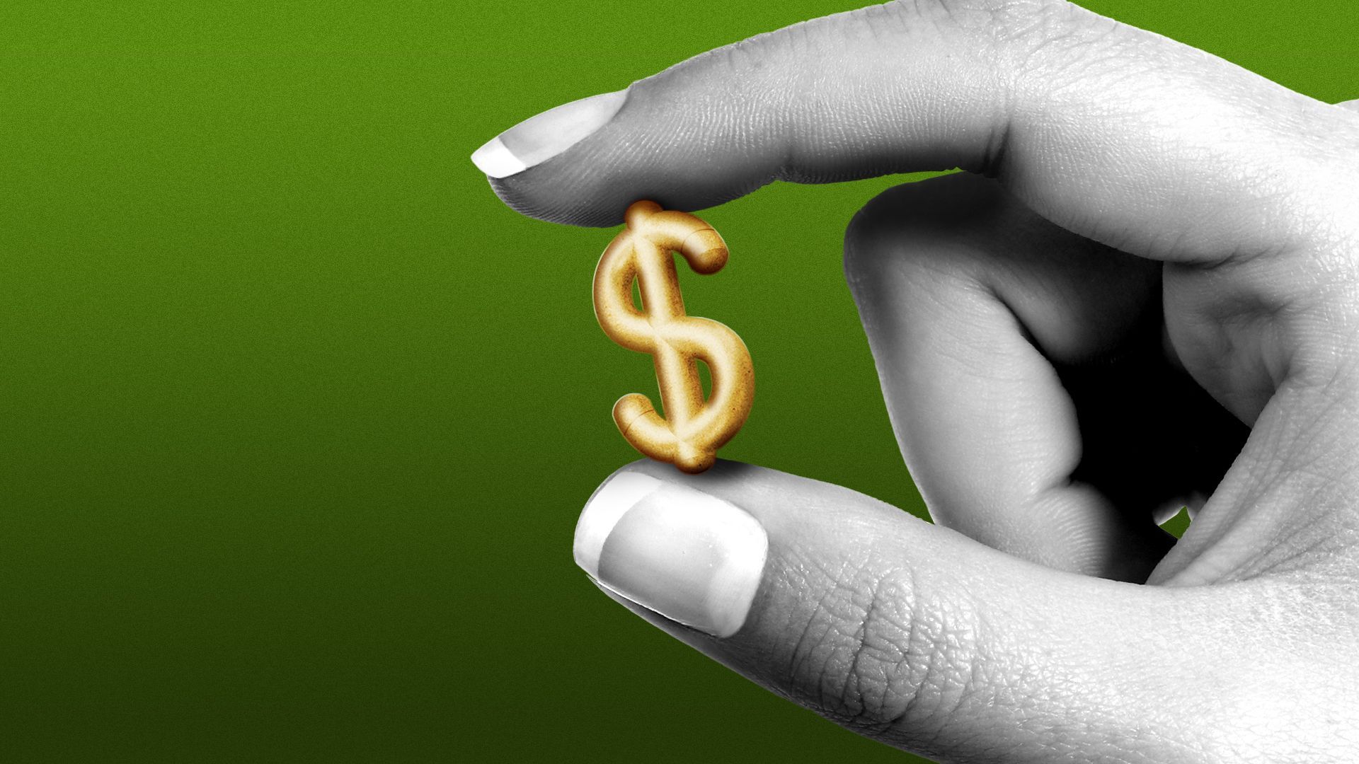 Illustration of a hand holding a supplement pill in the shape of a dollar bill