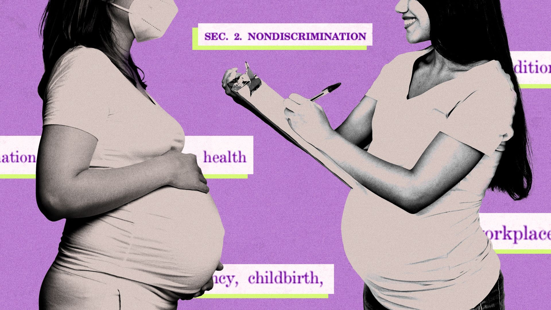 Illustration of two pregnant people: one wears a mask and the other is smiling and holding a clipboard. Fragments of text from the Pregnant Workers Fairness Act are in the background.