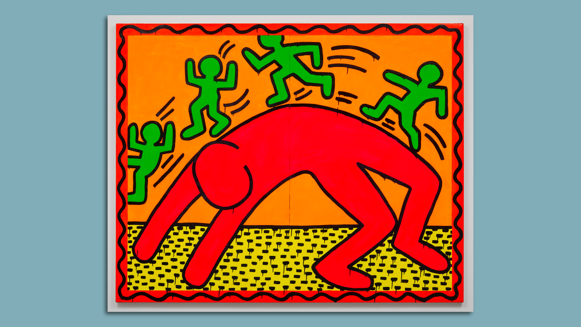 A painting by Keith Haring showing the outline of a man bending over backwards as other figures dance atop him.