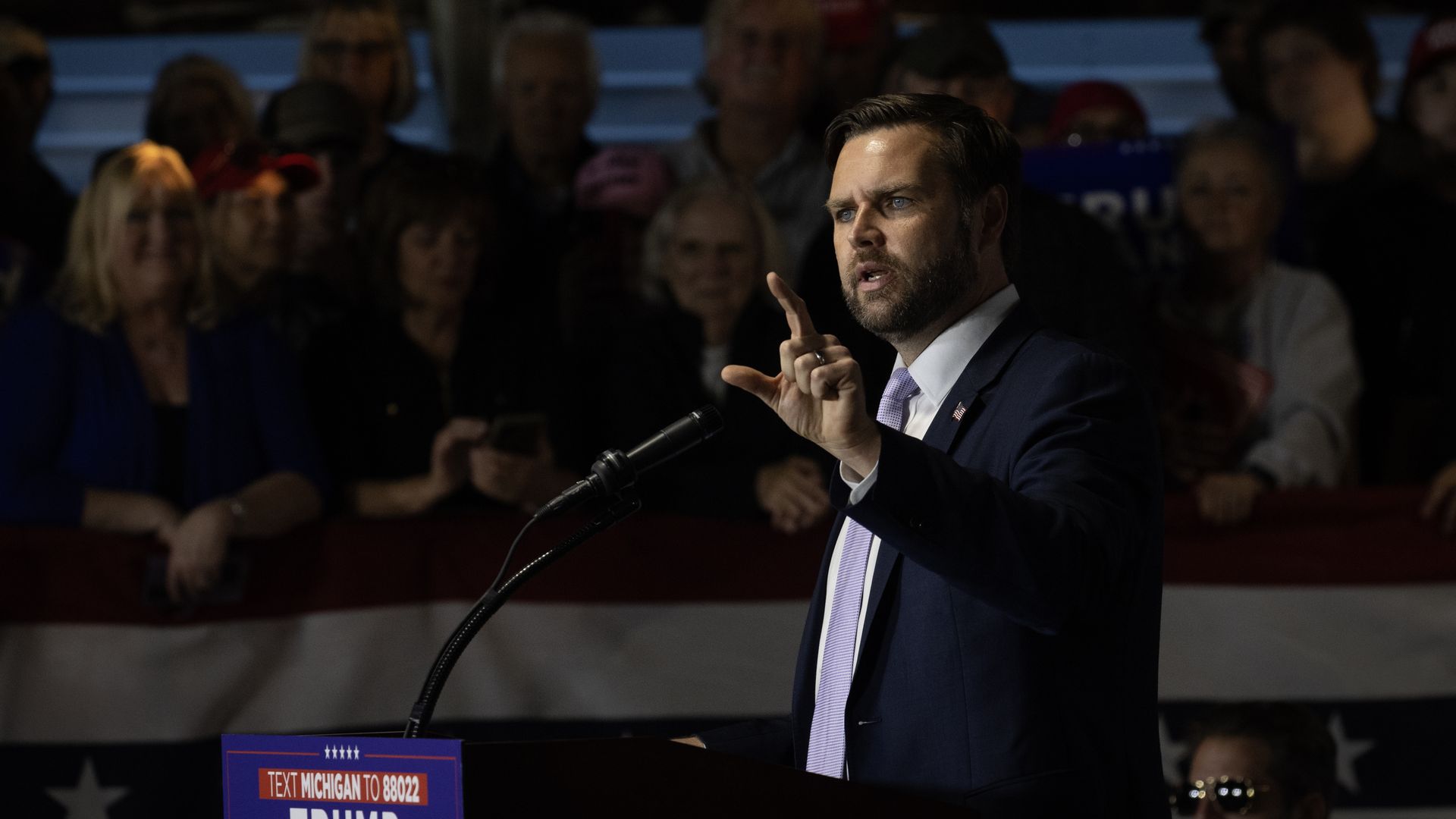 Republican vice presidential nominee U.S. Sen. JD Vance (R-OH) speaks to supporters during a campaign event at the Northwestern Michigan Fair grounds on September 25, 2024 in Traverse City, Michigan.