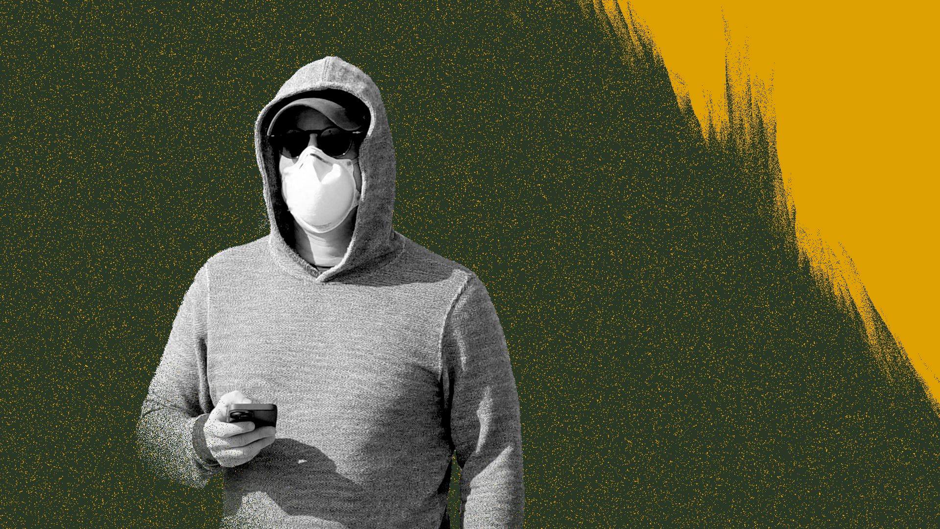 Photo illustration of a man walking wearing a mask over an abstracted background of fire and dust.