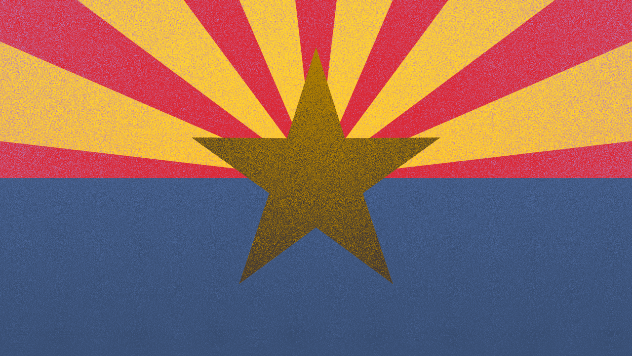 Illustration of the Arizona flag with the star turning into a football, and the red stripes rotating. 