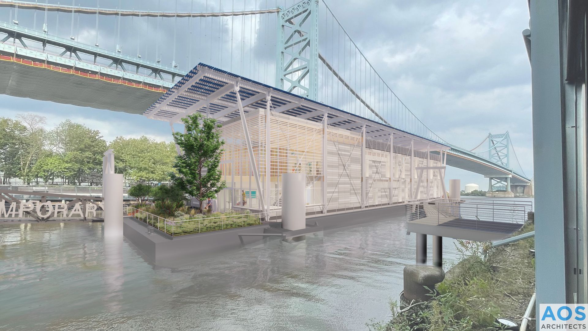 Rendering of a project to construct a floating art gallery along the Delaware River in Philadelphia.