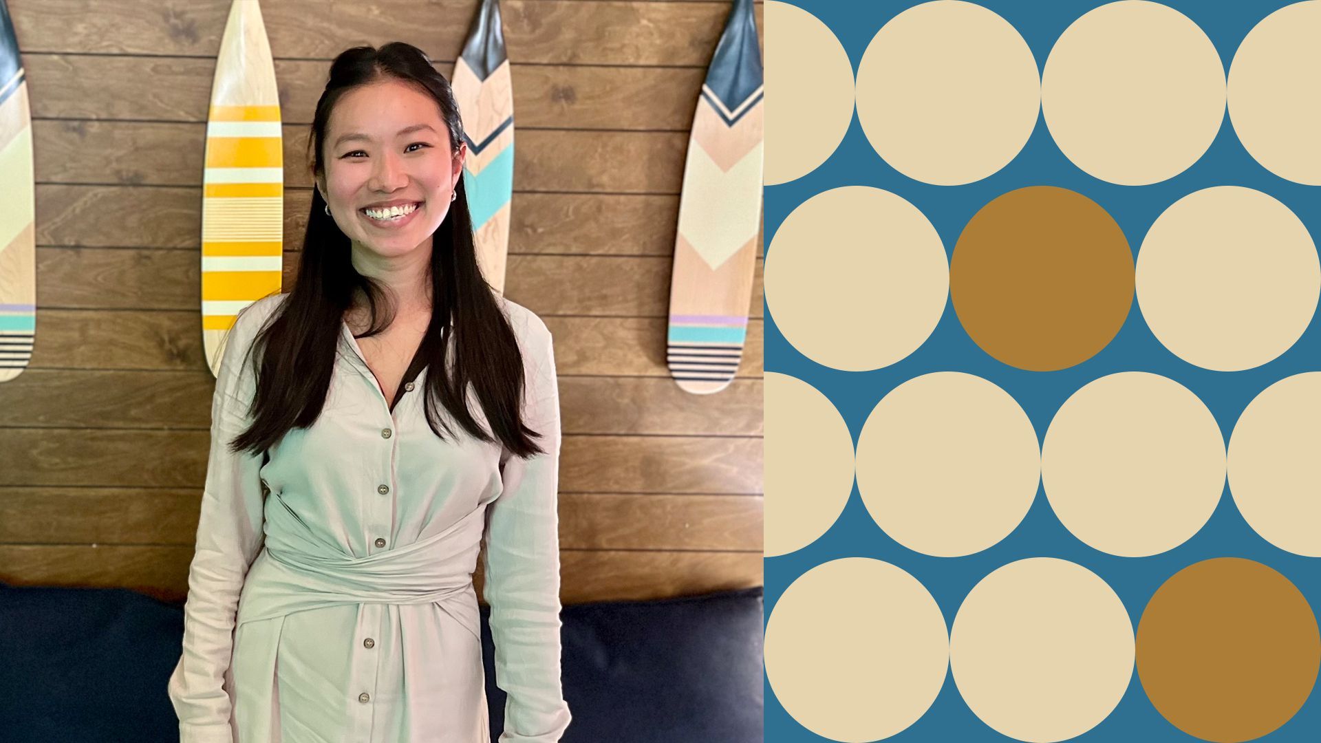 Photo illustration collage of Lisa Jy Tan surrounded by abstract shapes.