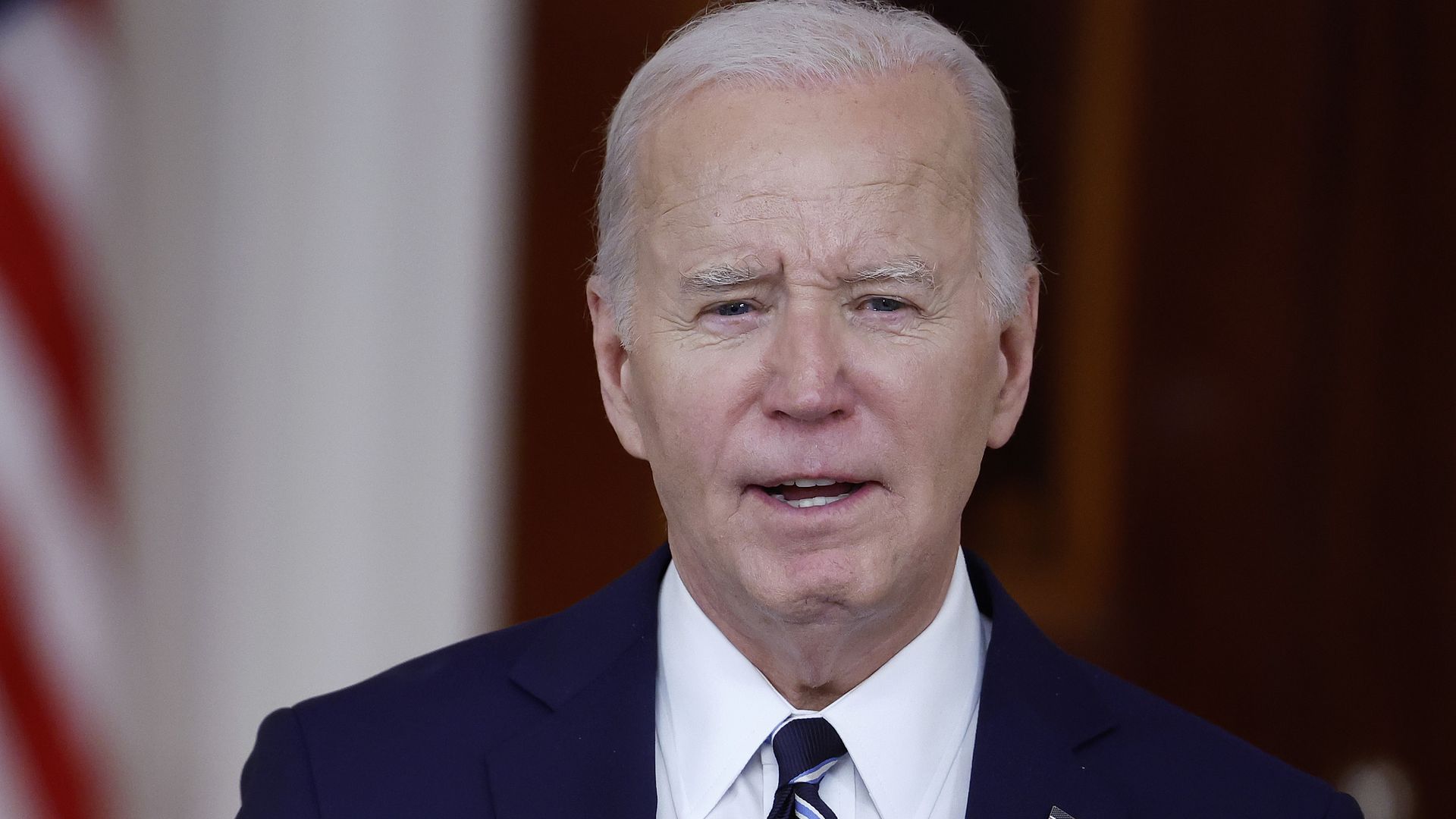  President Joe Biden delivers remarks as he welcomes King of Jordan Abdullah II ibn Al Hussein to the White House on February 12, 2024 in Washington, DC. 