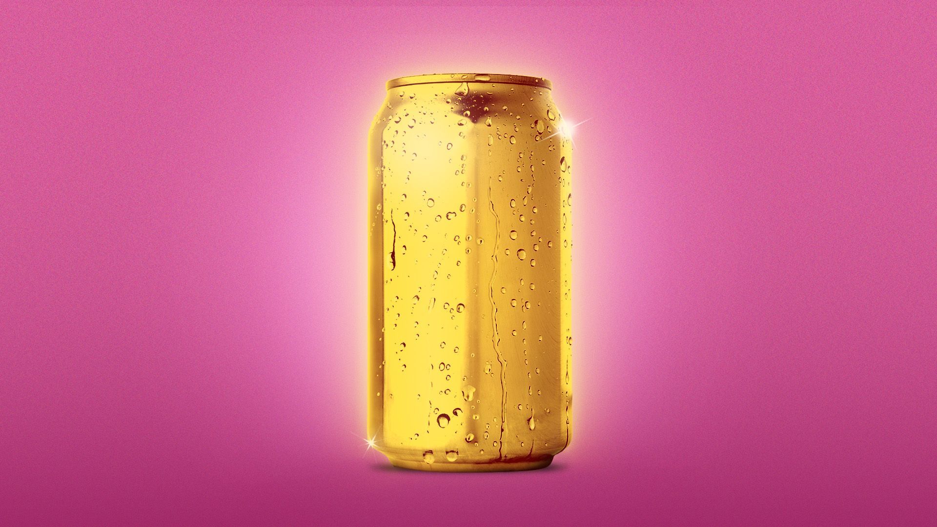 an illustration of a glowing gold drink can on a hot pink background 