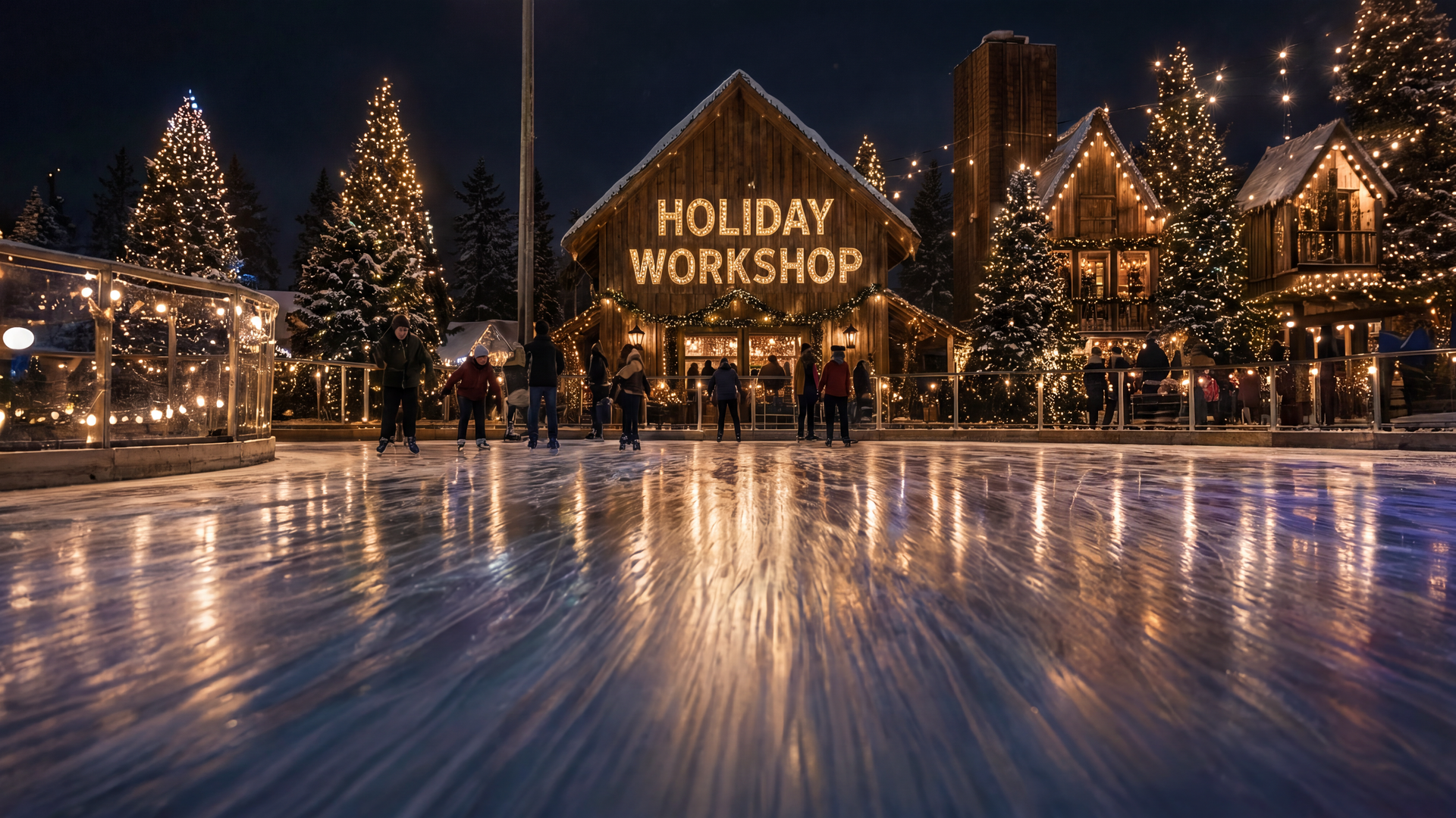 Night scene of an outdoor holiday village with a wooden building reading "HOLIDAY WORKSHOP" in warm lights, snow-covered trees, festive string lights, and people skating on a reflective ice rink.