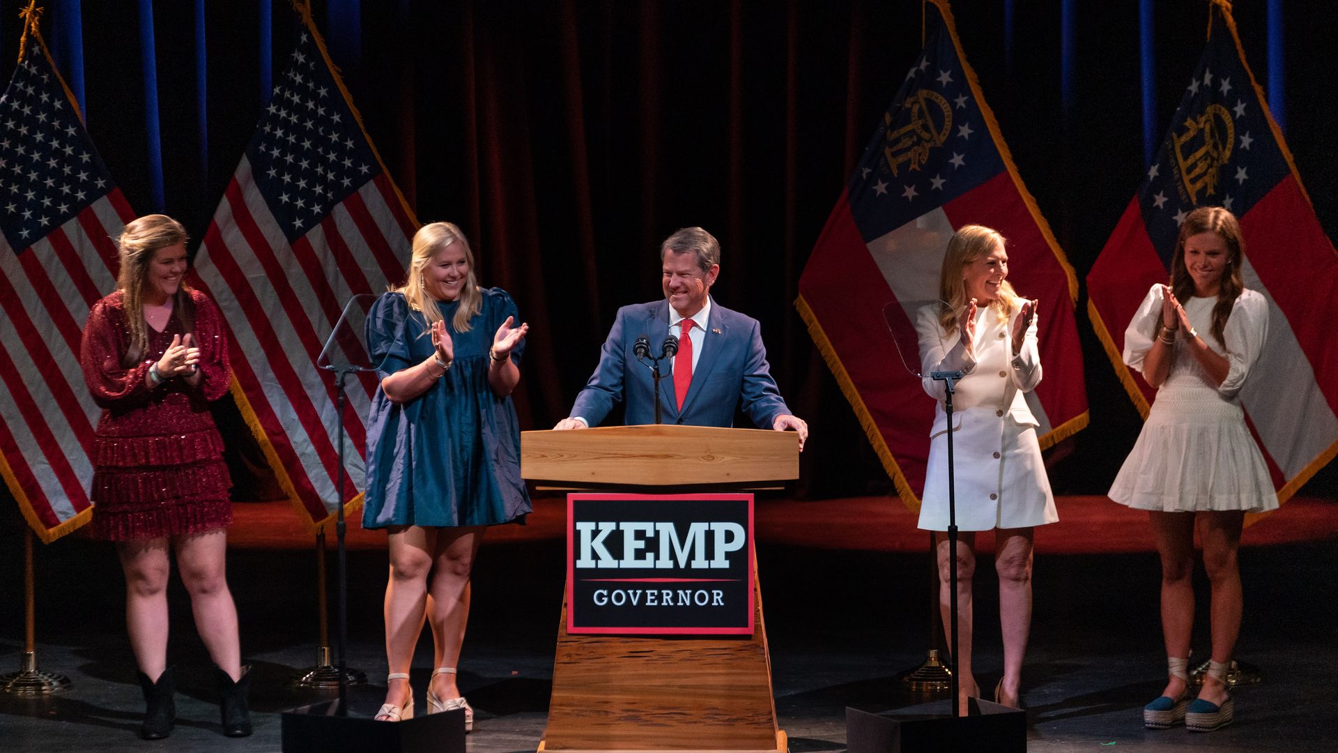 Brian Kemp, governor of Georgia, center, speaks during an election night rally in Atlanta, Georgia, on Tuesday, Nov. 8, 2022.