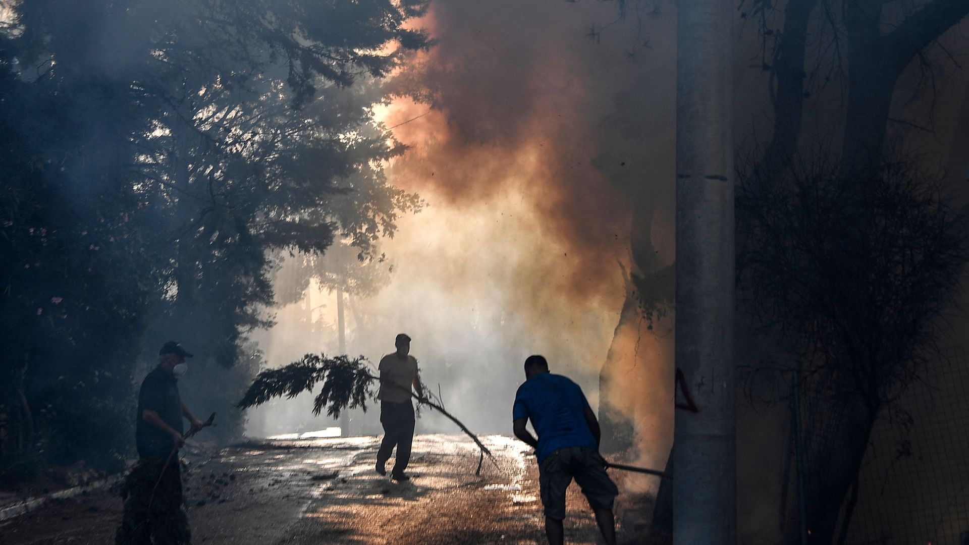 Local residents use tree branches to fight a fire restart in Thrakomakedones, near Mount Parnitha, north of Athens, on August 7, 2021.