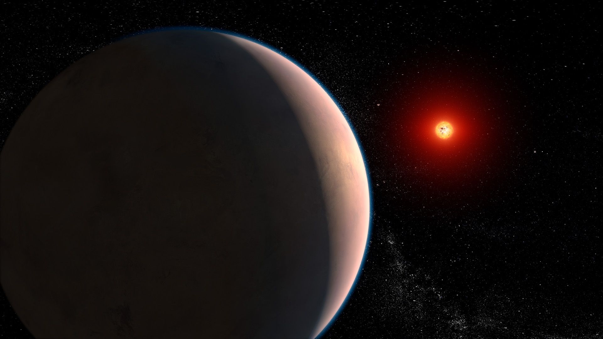 Artist's illustration of a planet orbiting a red star