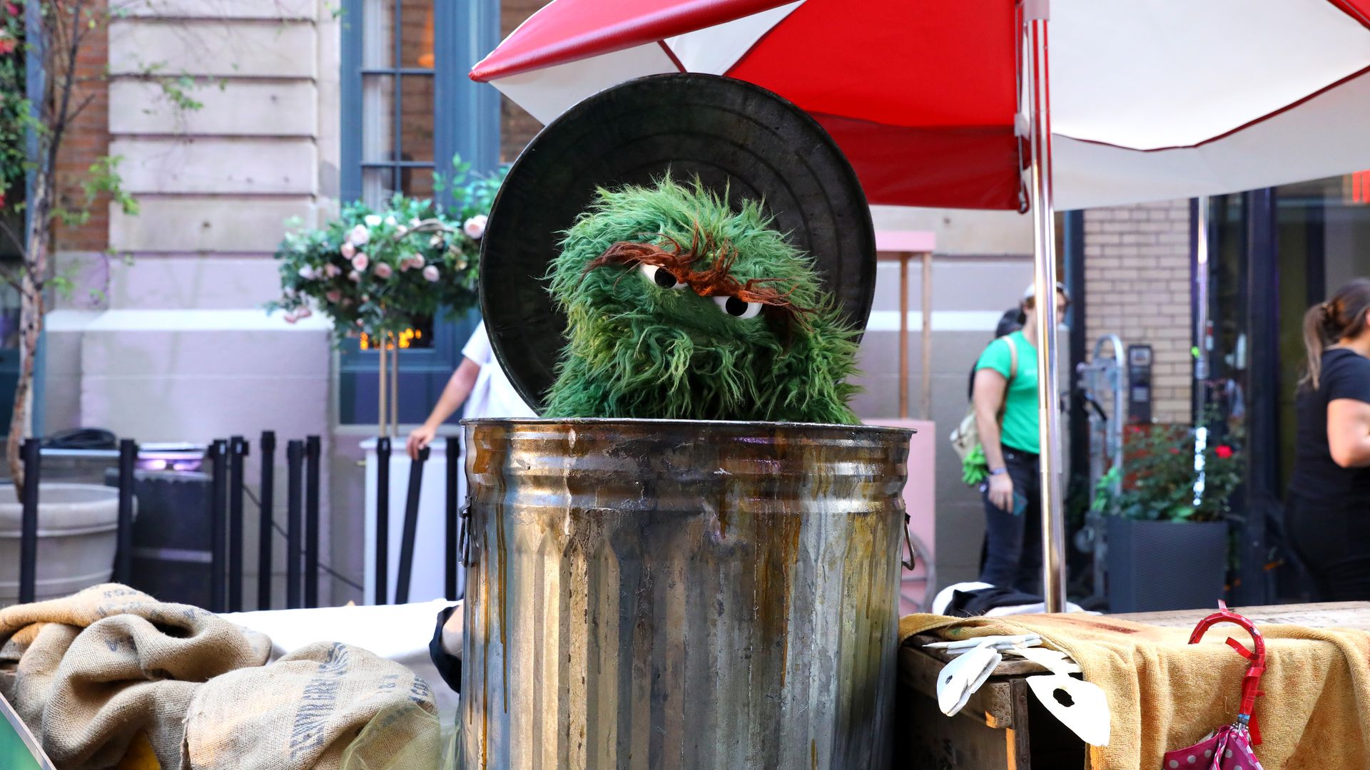 Oscar the Grouch looking sad and forlorn in his trash can 