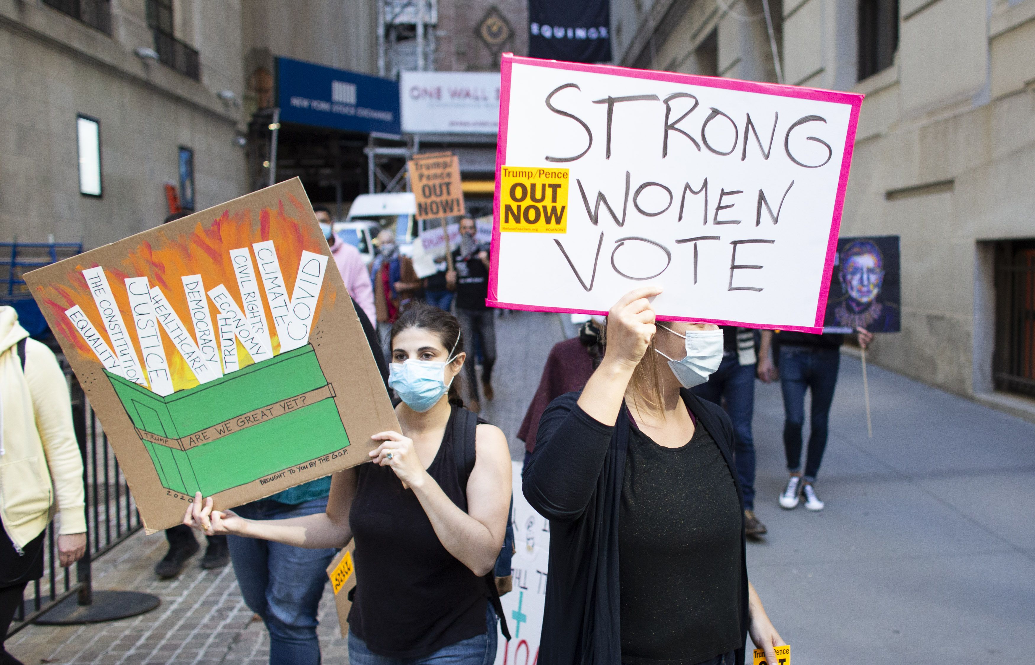 Demonstrators rally as they take part in the nationwide Women's March on October 17, 2020, in New York City