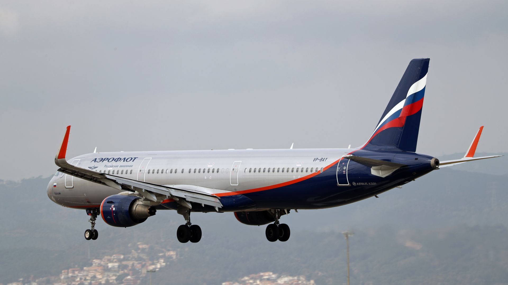 Airbus A321, from russian Aeroflot company, getting ready to land at Barcelona airport, in Barcelona on 25th february 2022.